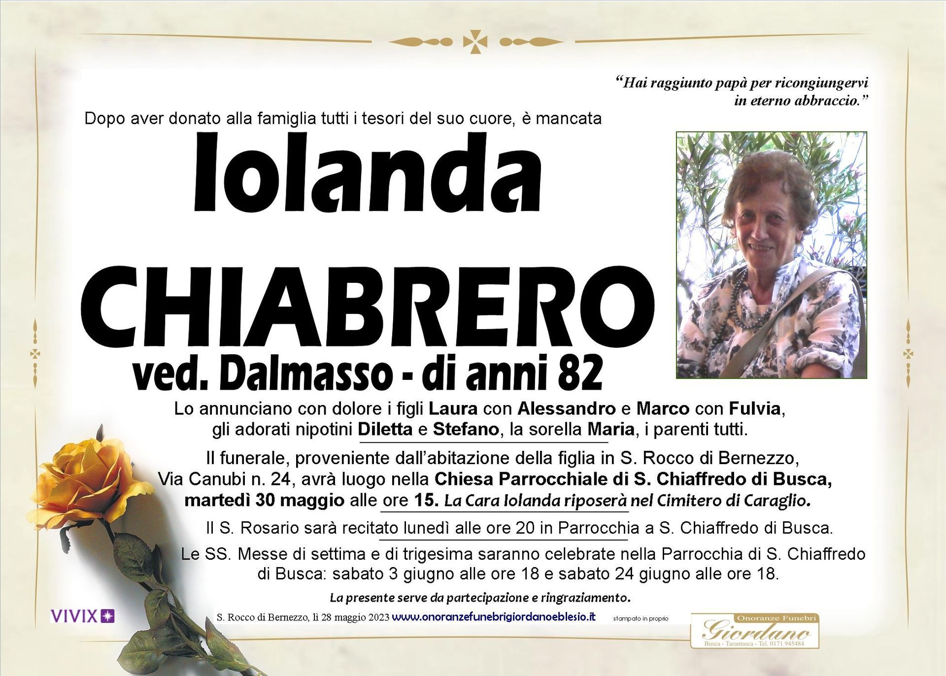 necrologio CHIABRERO Iolanda ved. Dalmasso