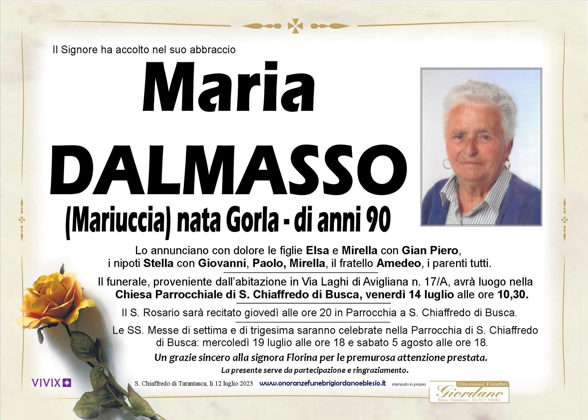 necrologio DALMASSO Maria nata Gorla