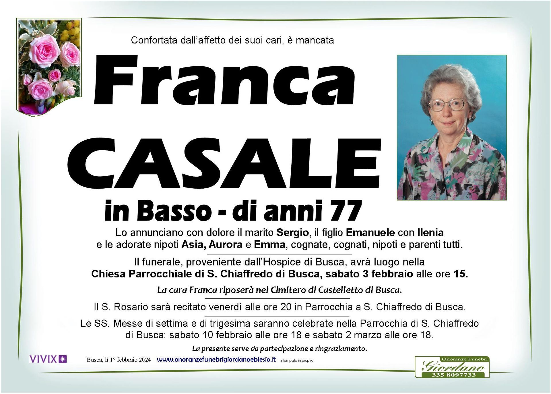 necrologio CASALE Franca in Basso