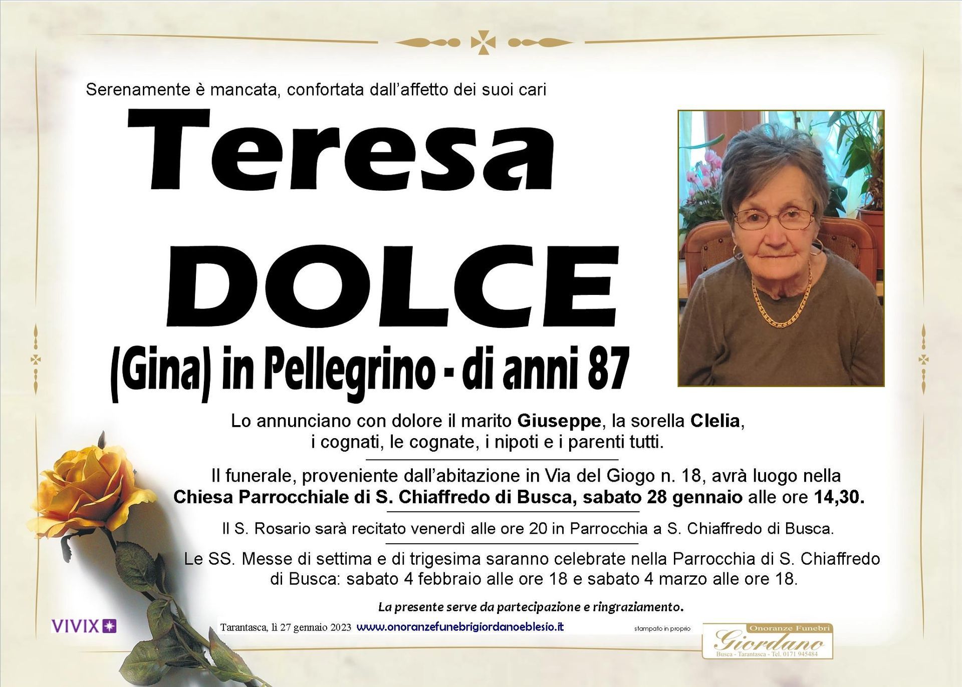 necrologio DOLCE Teresa in Pellegrino