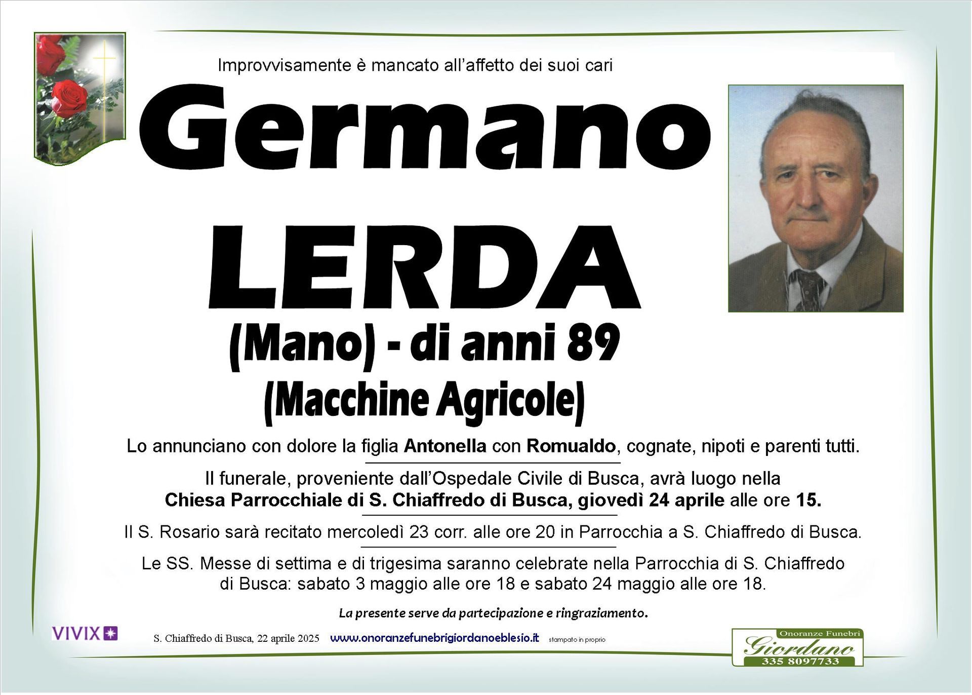 necrologio LERDA Germano