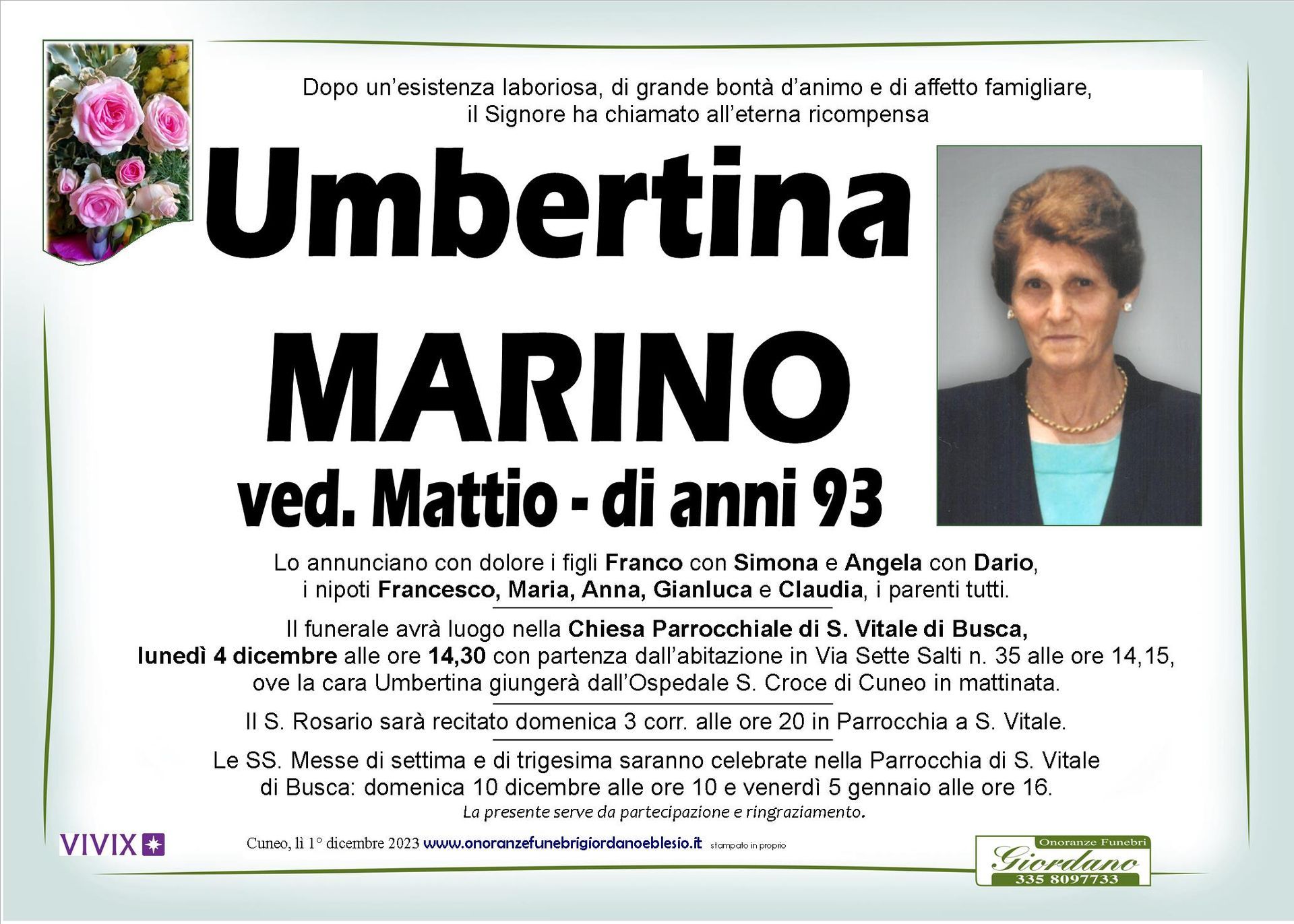 necrologio MARINO Umbertina ved. Mattio