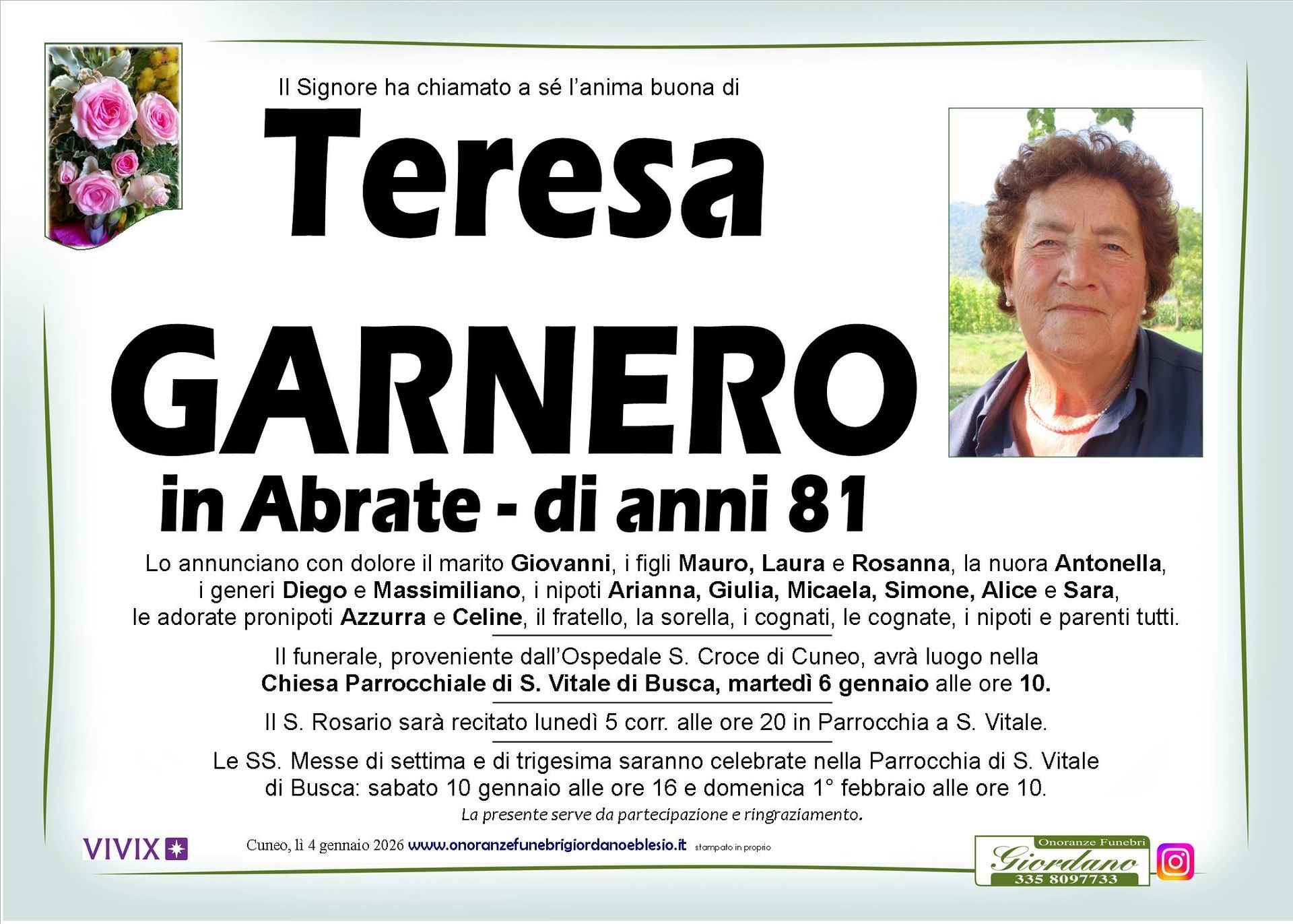necrologio GARNERO Teresa in Abrate