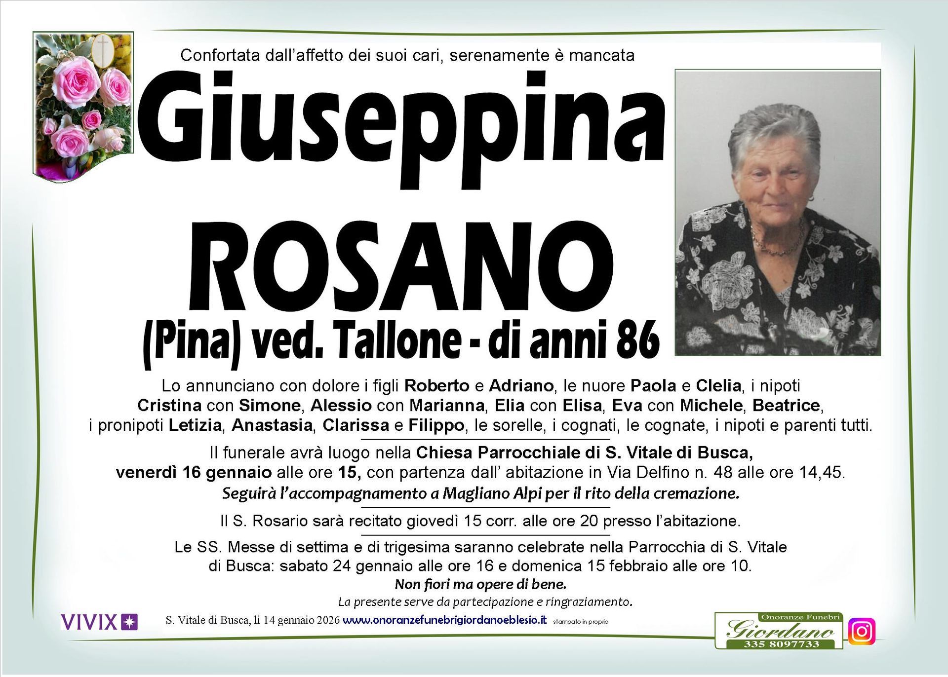necrologio ROSANO Giuseppina ved. Tallone