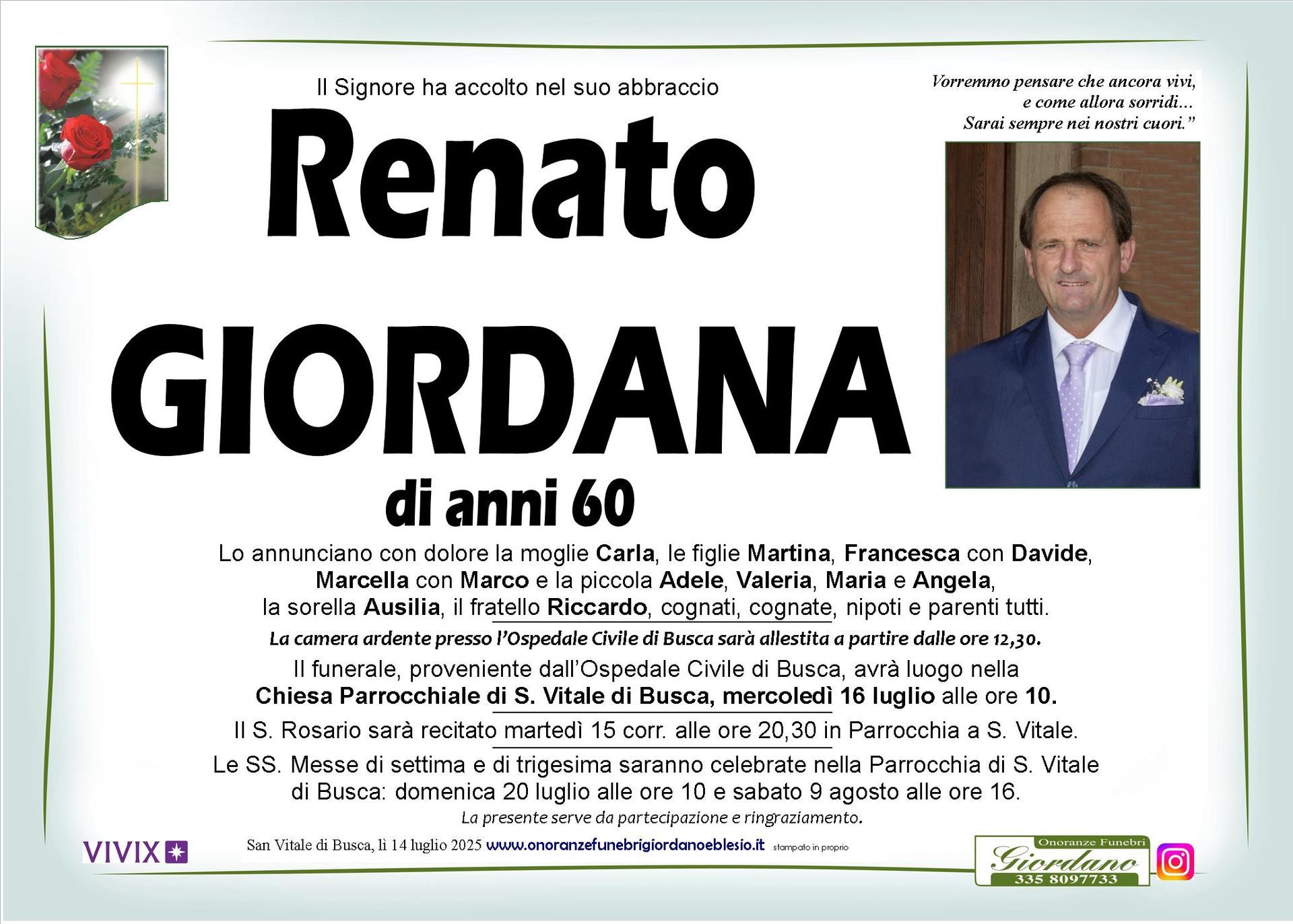 necrologio GIORDANA Renato