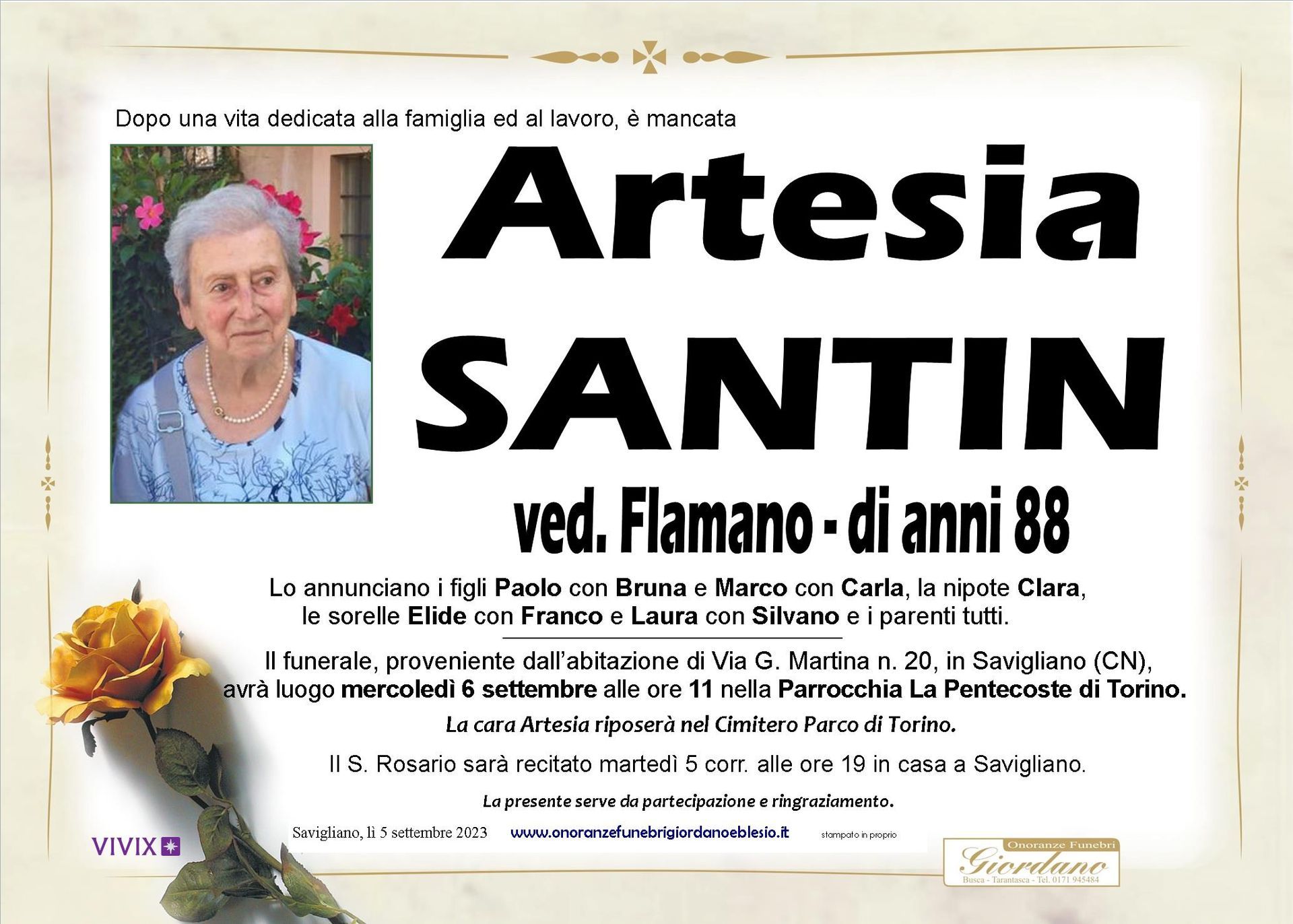 necrologio SANTIN Artesia ved. Flamano