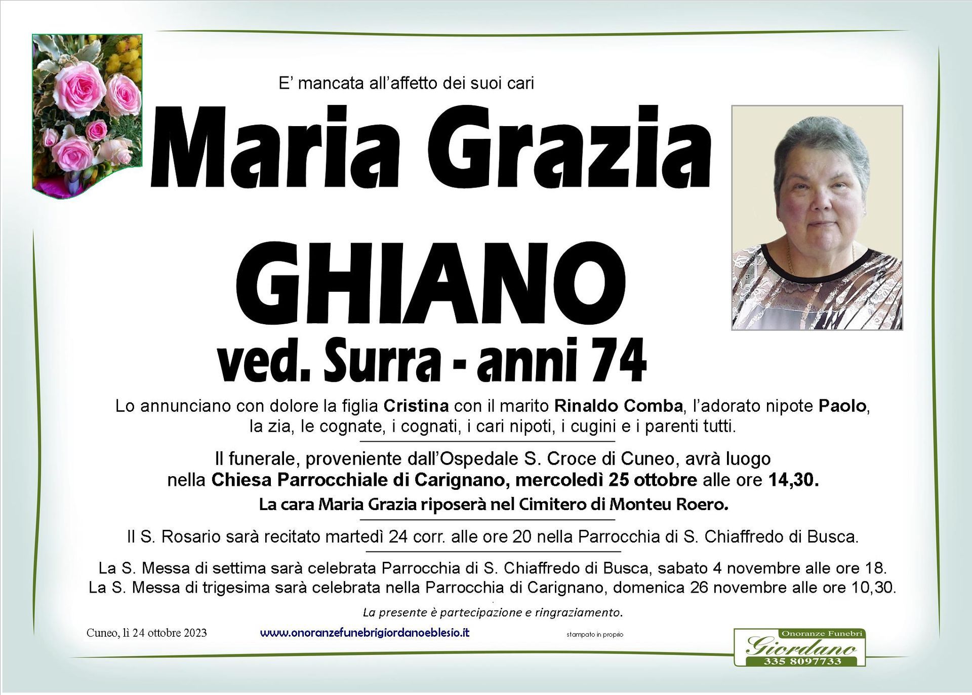 necrologio GHIANO Maria Grazia ved. Surra