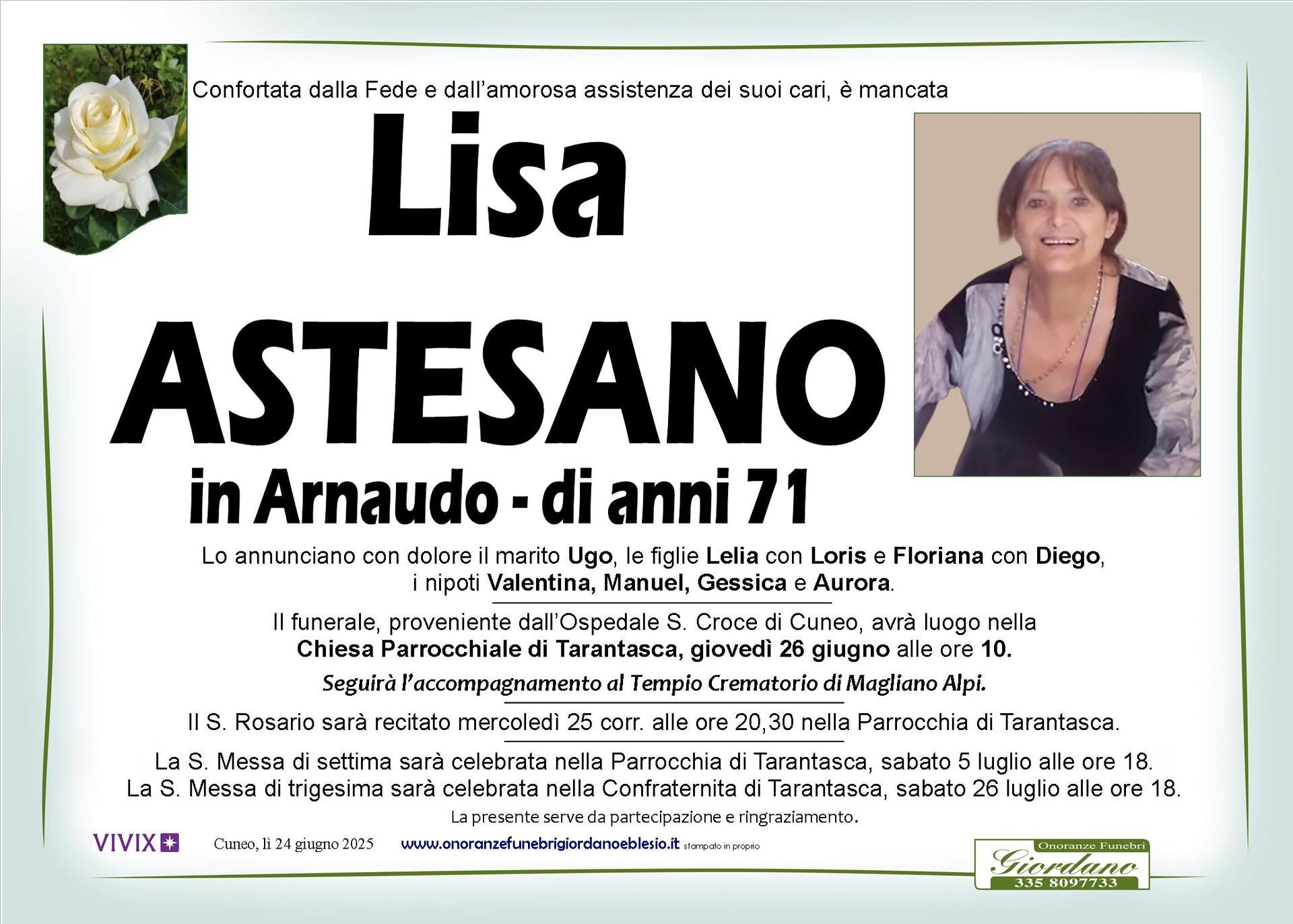 necrologio ASTESANO Lisa in Arnaudo