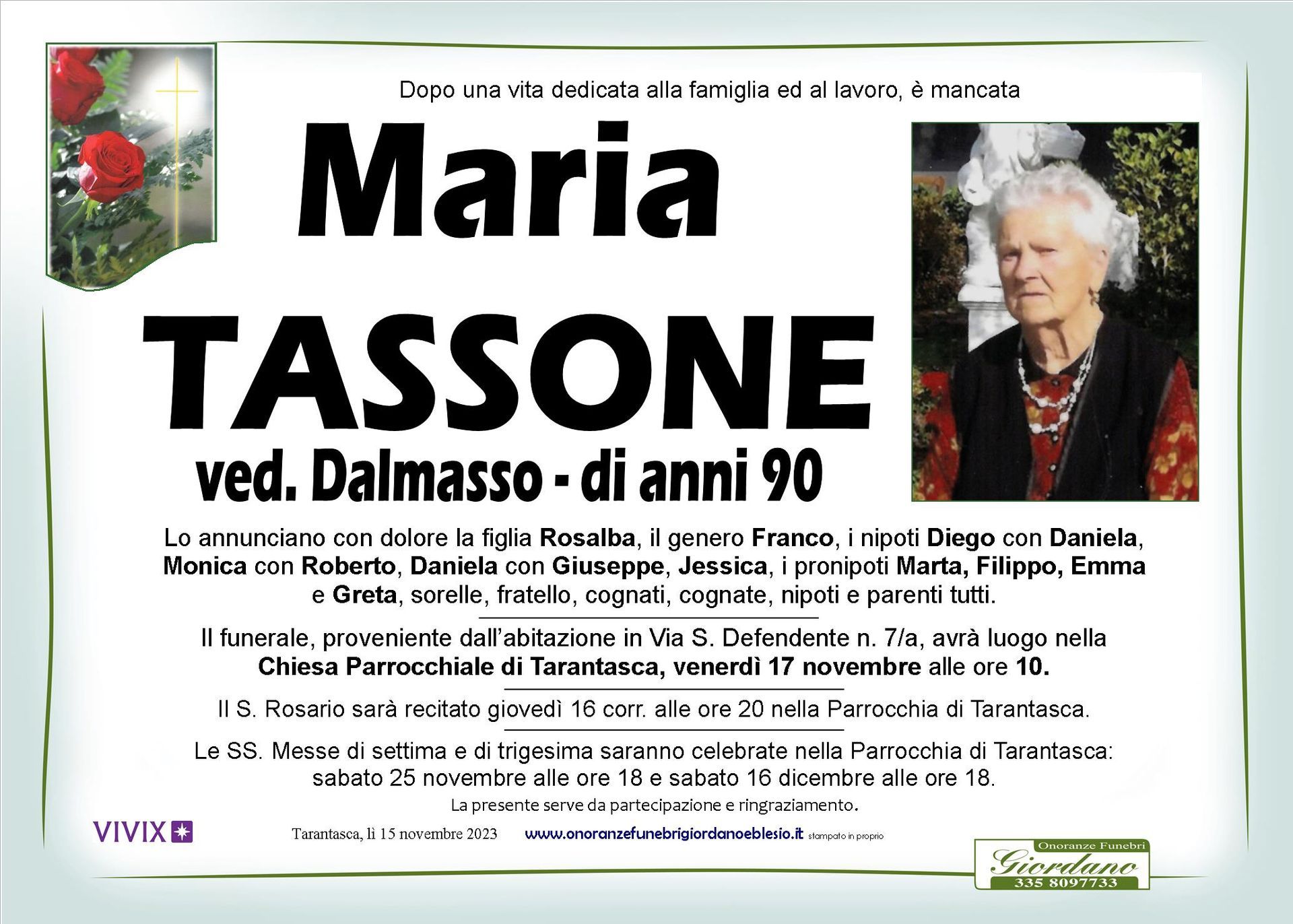 necrologio TASSONE Maria ved. Dalmasso
