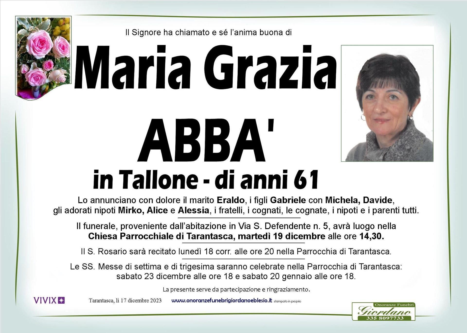 necrologio ABBA' Maria Grazia in Tallone