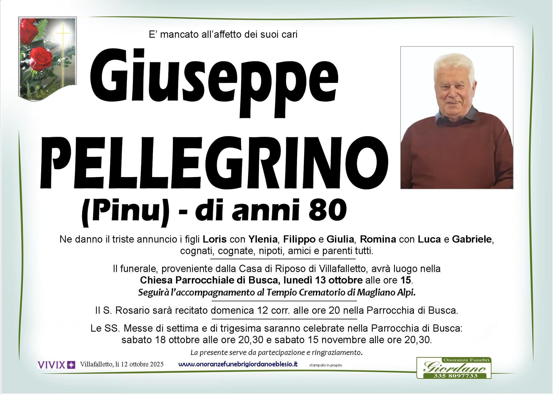 necrologio PELLEGRINO Giuseppe