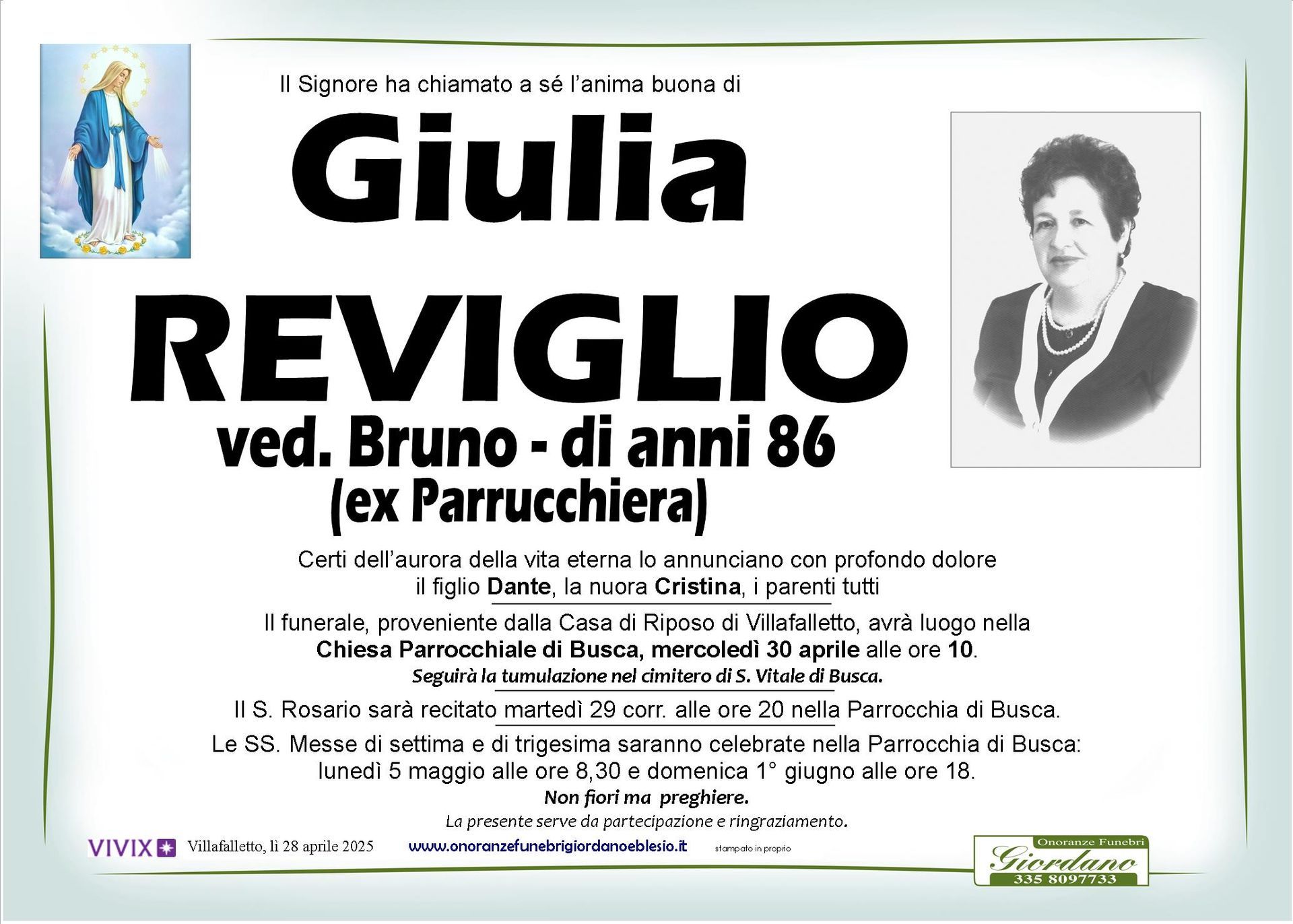necrologio REVIGLIO Giulia ved. Bruno
