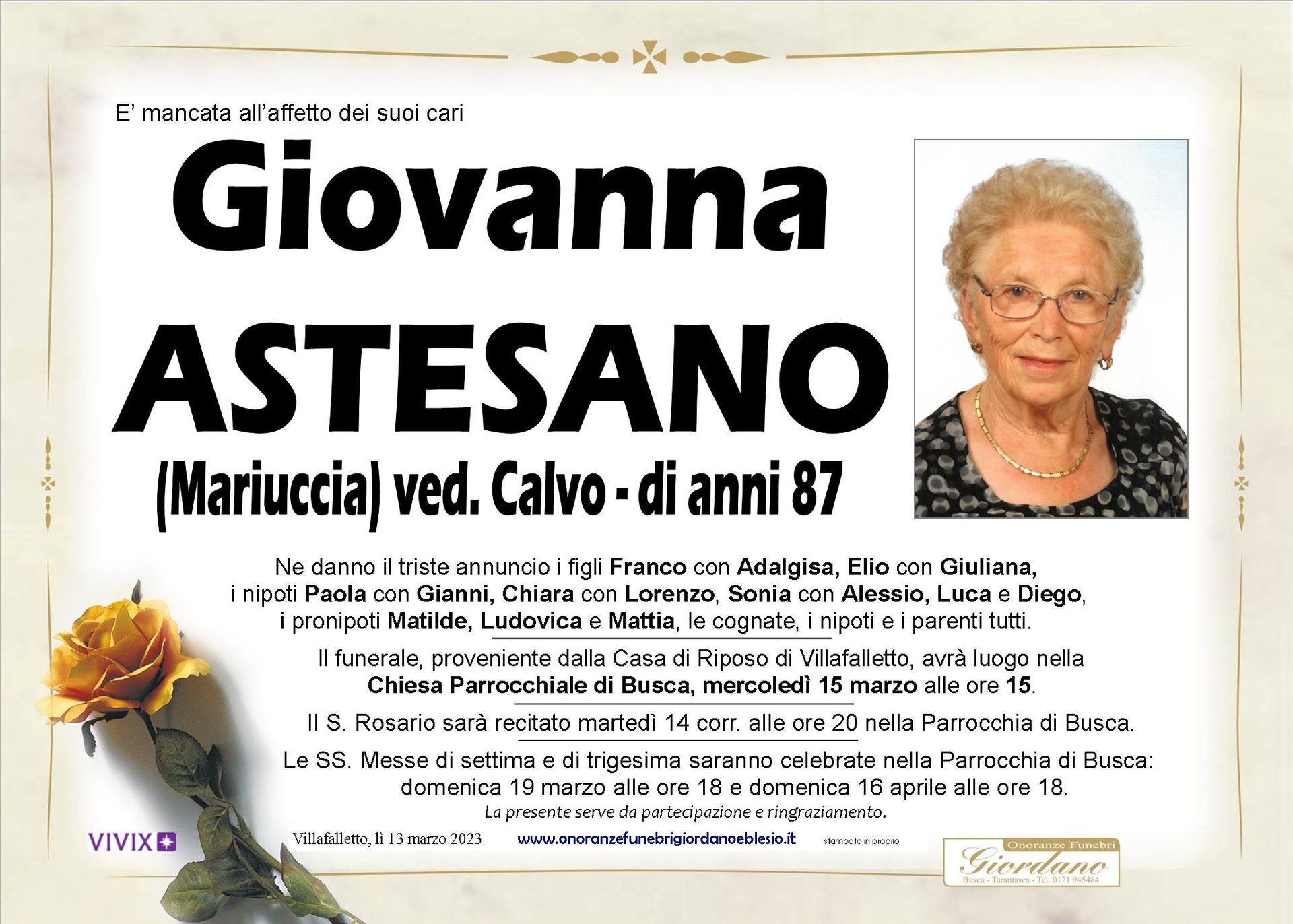 necrologio ASTESANO Giovanna ved. Calvo