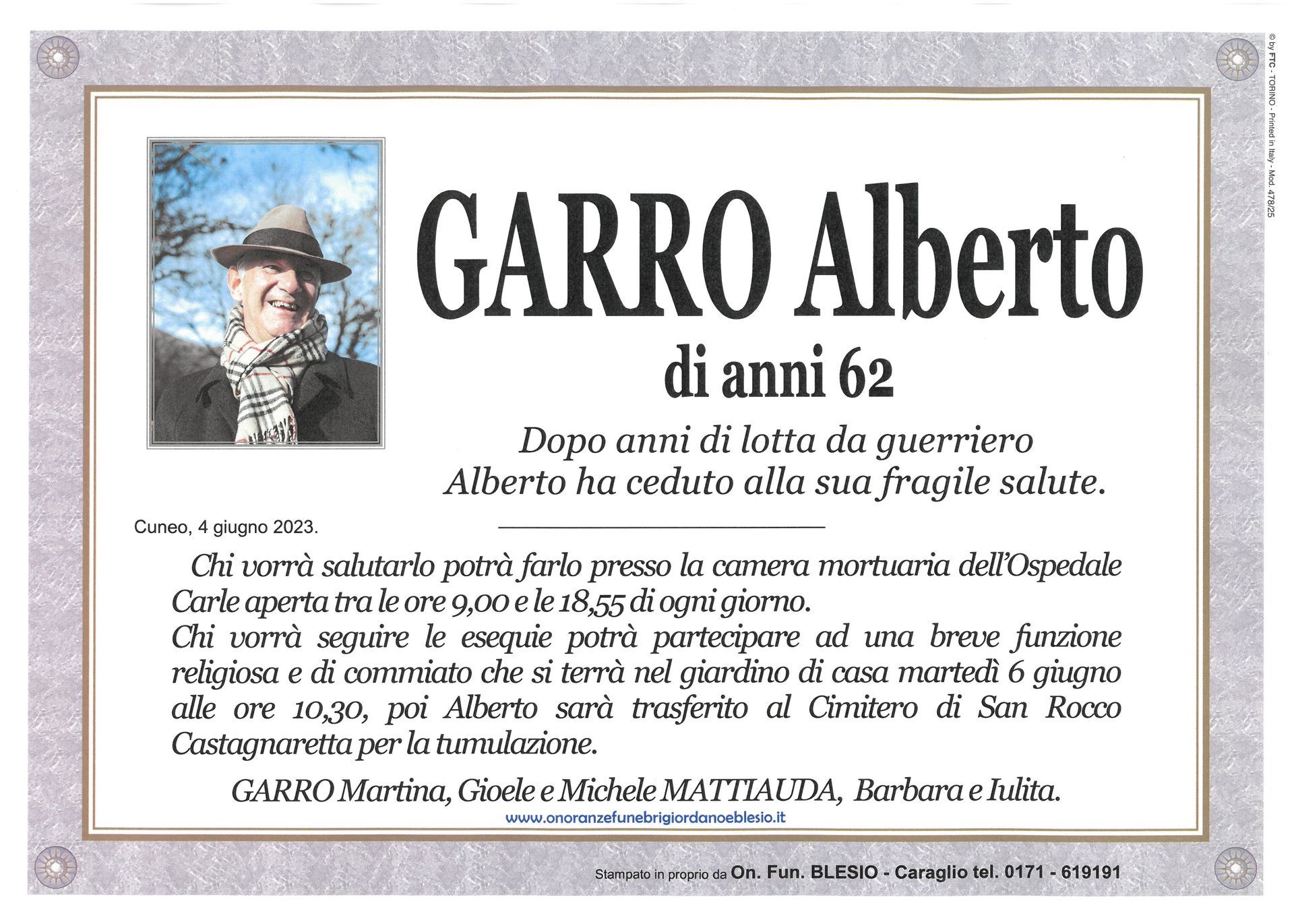 necrologio GARRO Alberto