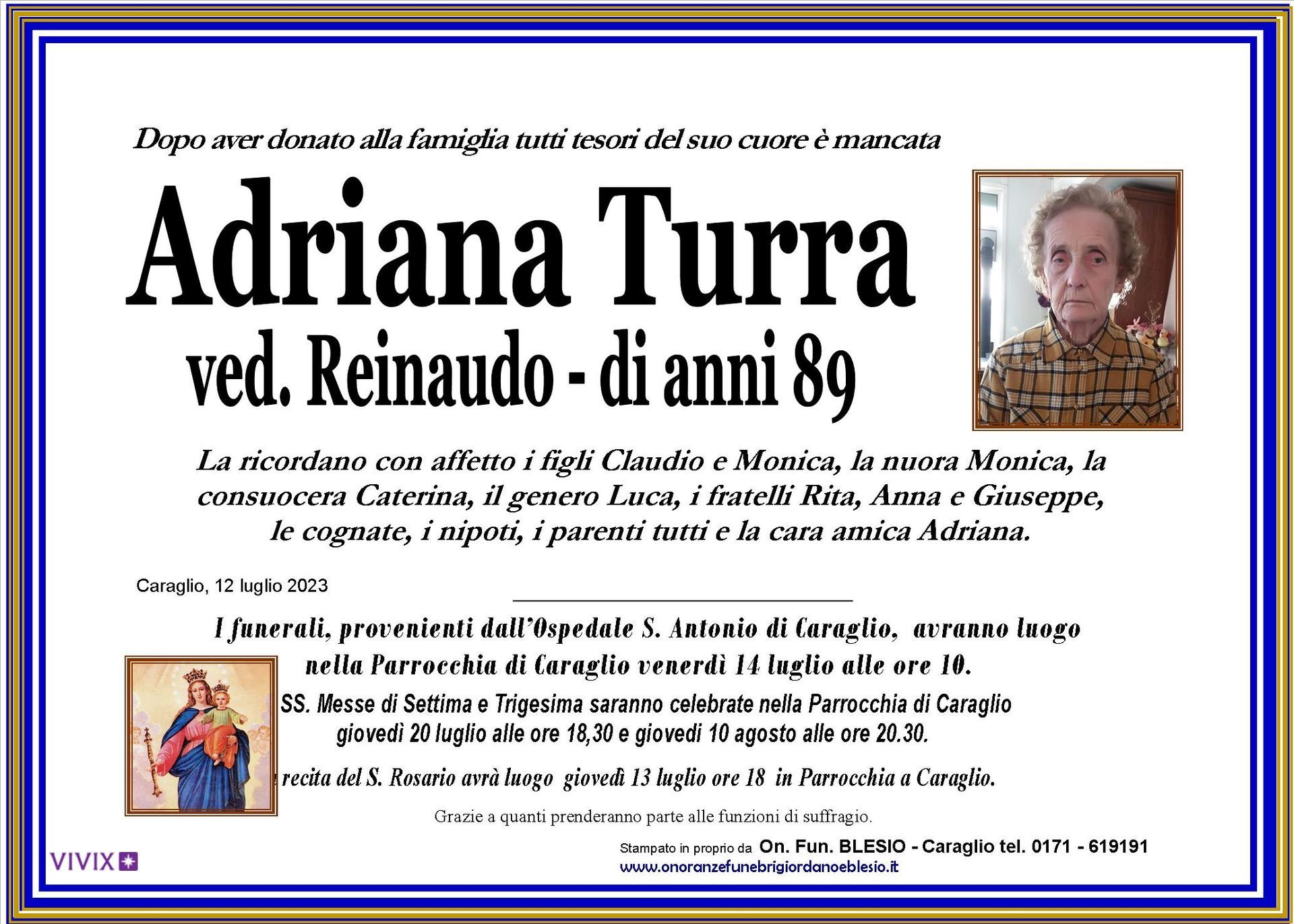 necrologio TURRA Adriana ved. Reinaudo