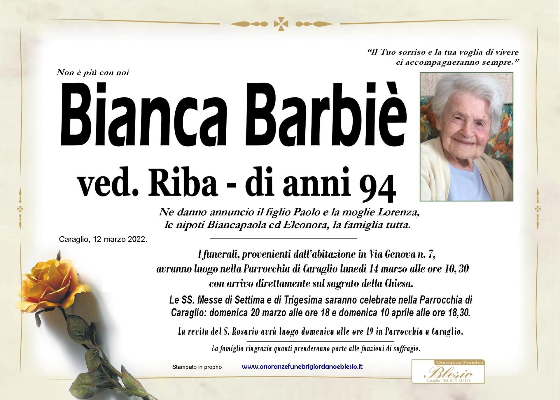 necrologio BARBIE' Bianca ved. Riba