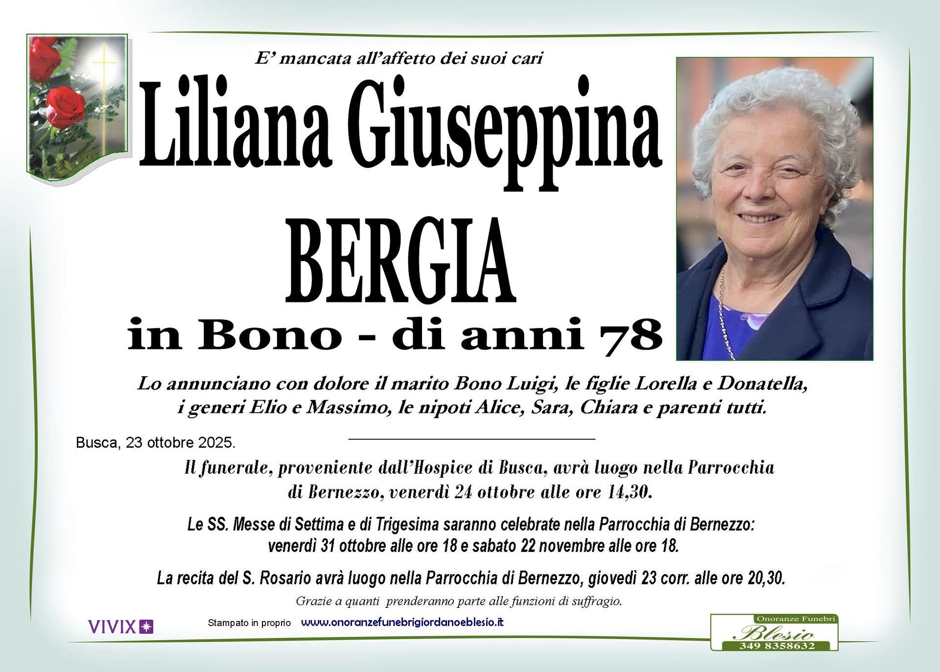 necrologio BERGIA Liliana Giuseppina in Bono