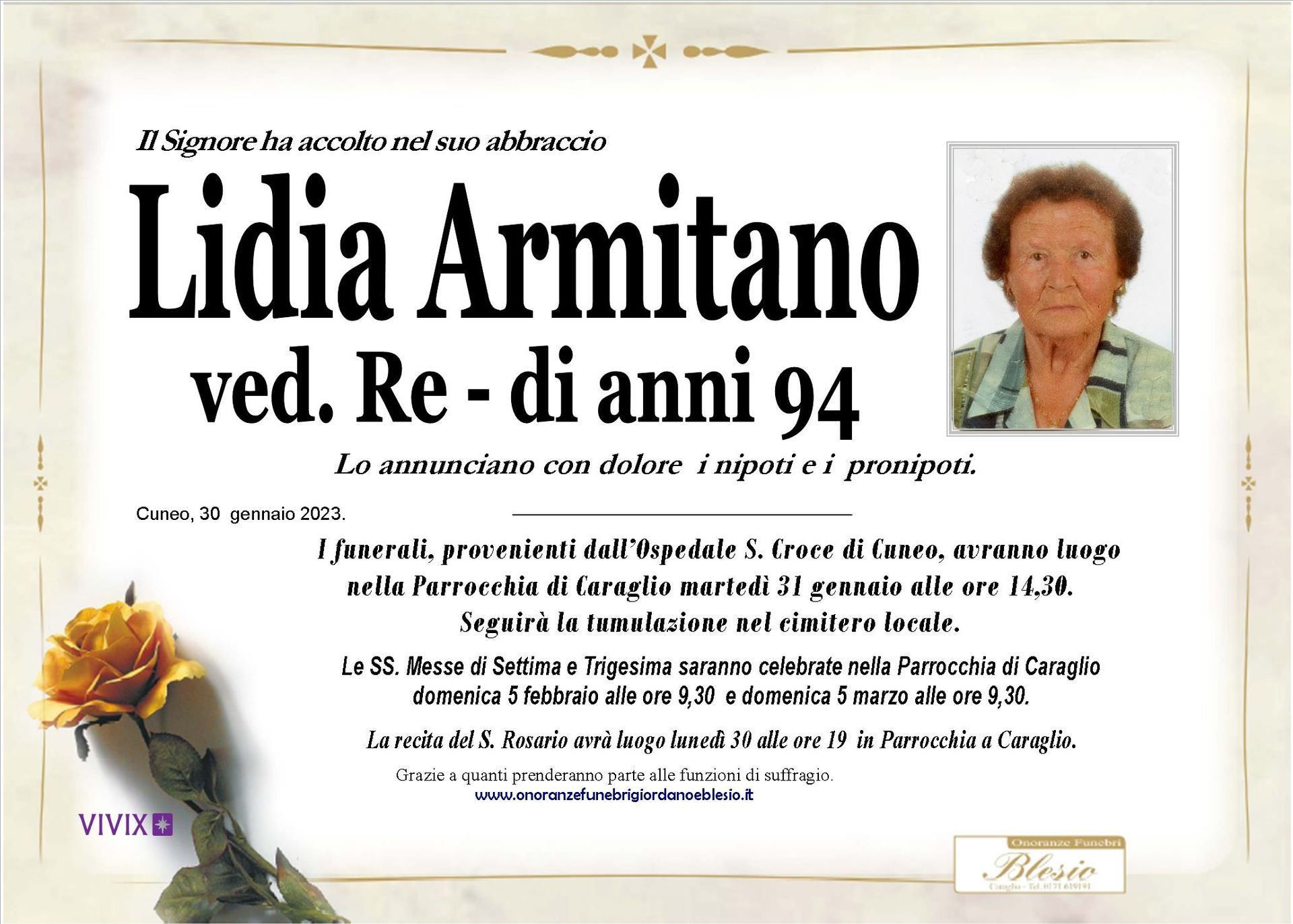 necrologio ARMITANO Lidia ved. Re