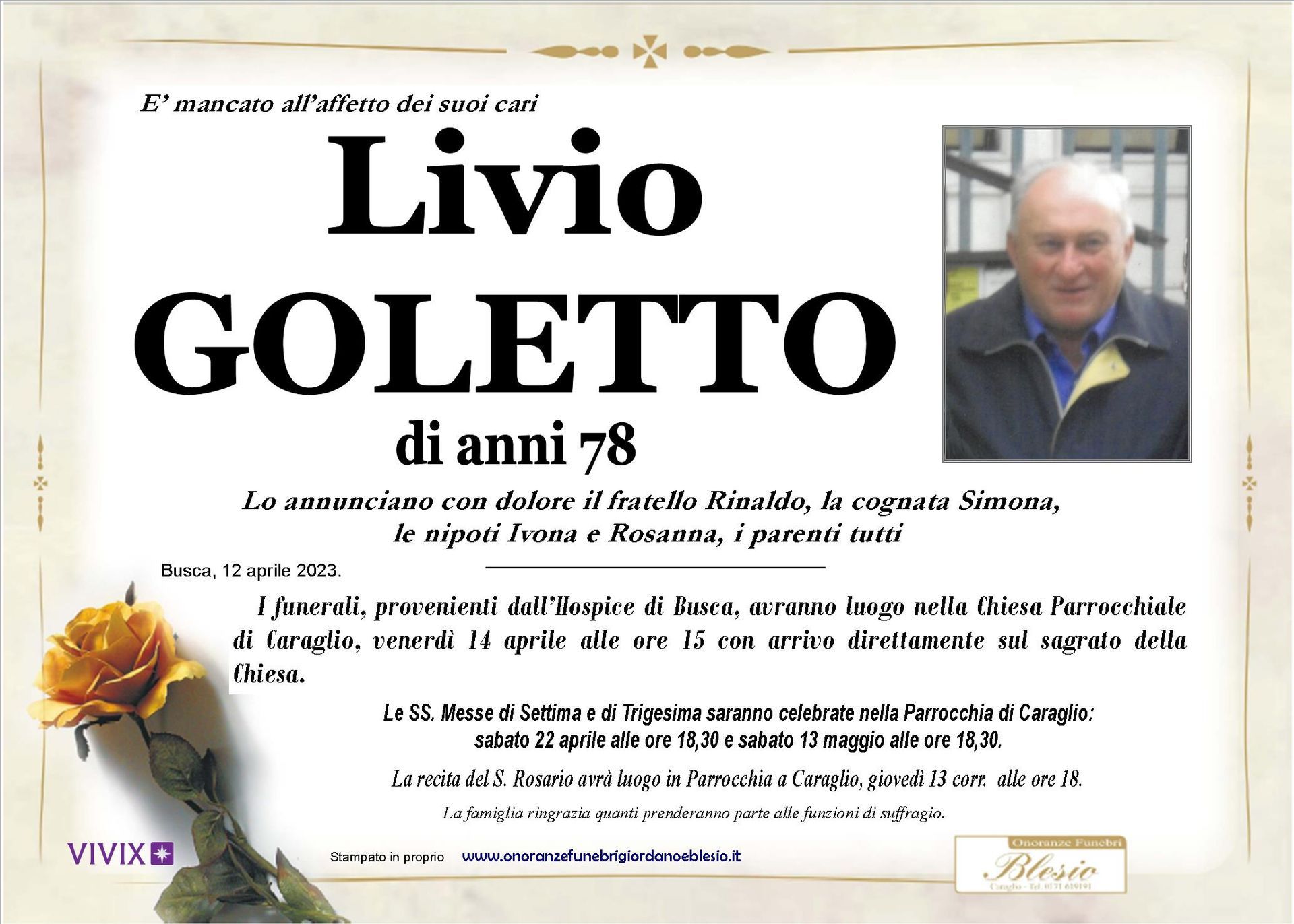 necrologio GOLETTO Livio