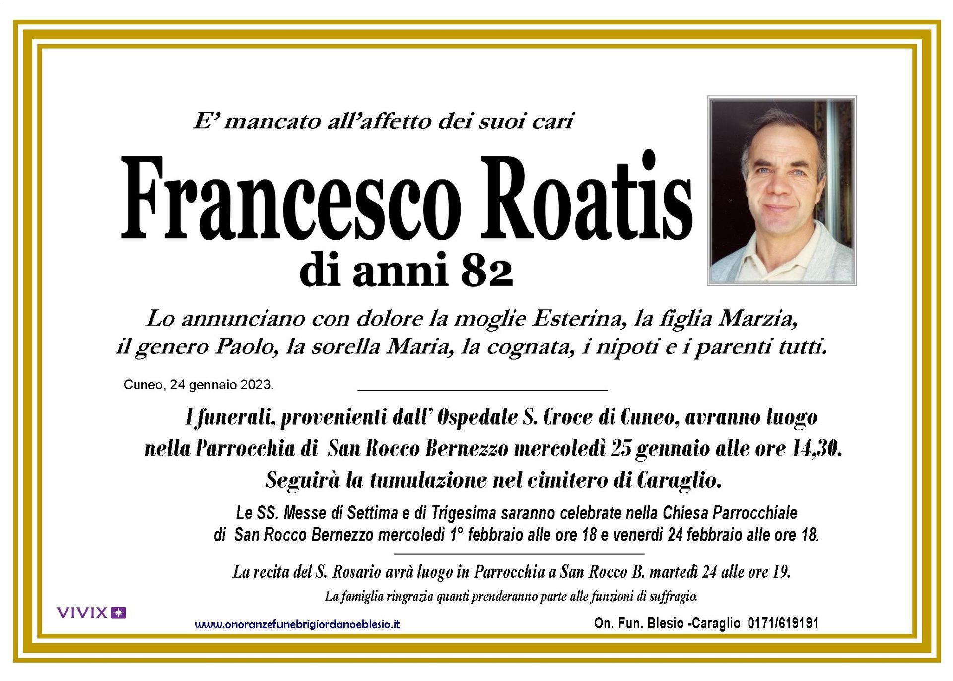 necrologio ROATIS Francesco