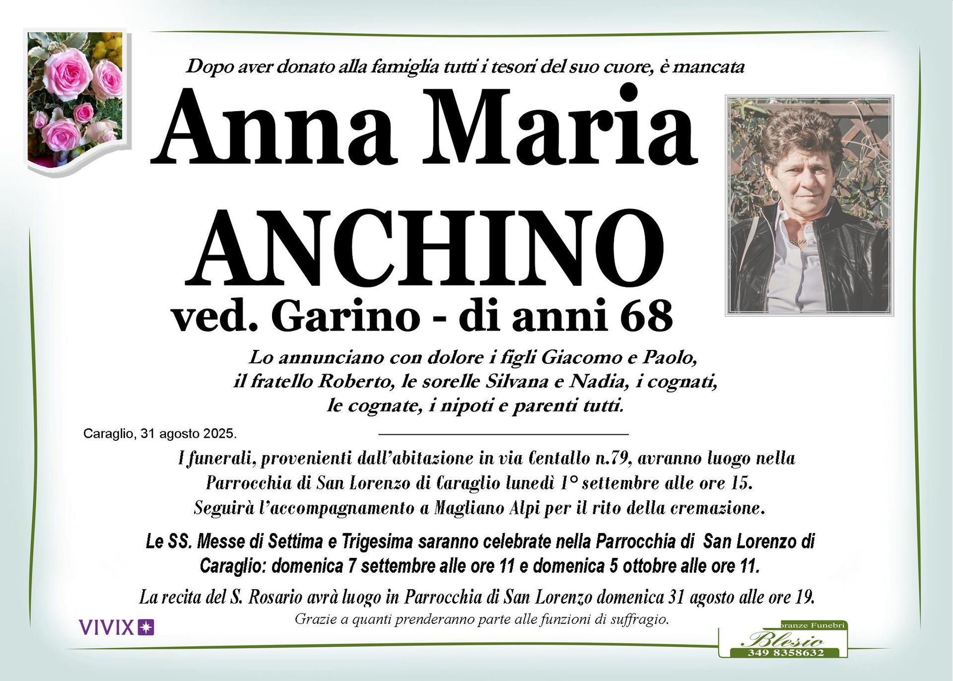 necrologio ANCHINO Anna Maria ved. Garino