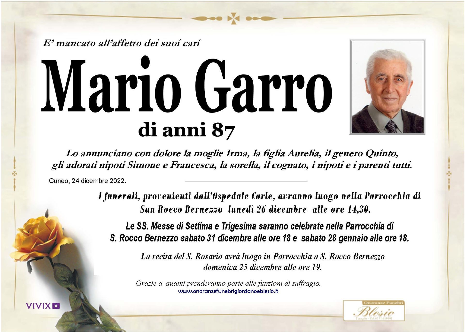 necrologio GARRO Mario