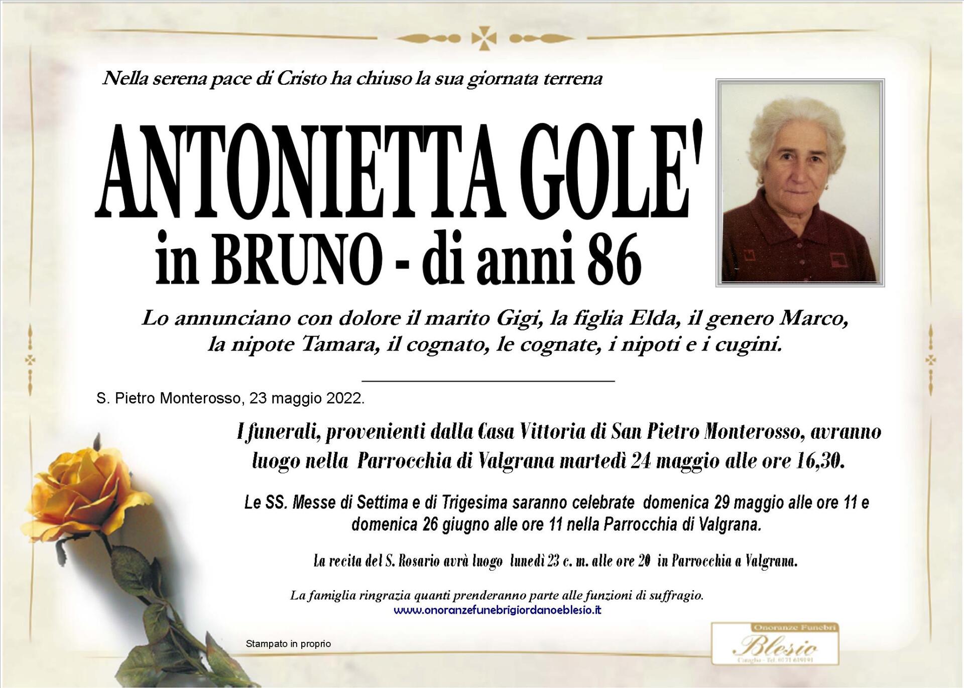 necrologio GOLE' Antonietta in Bruno