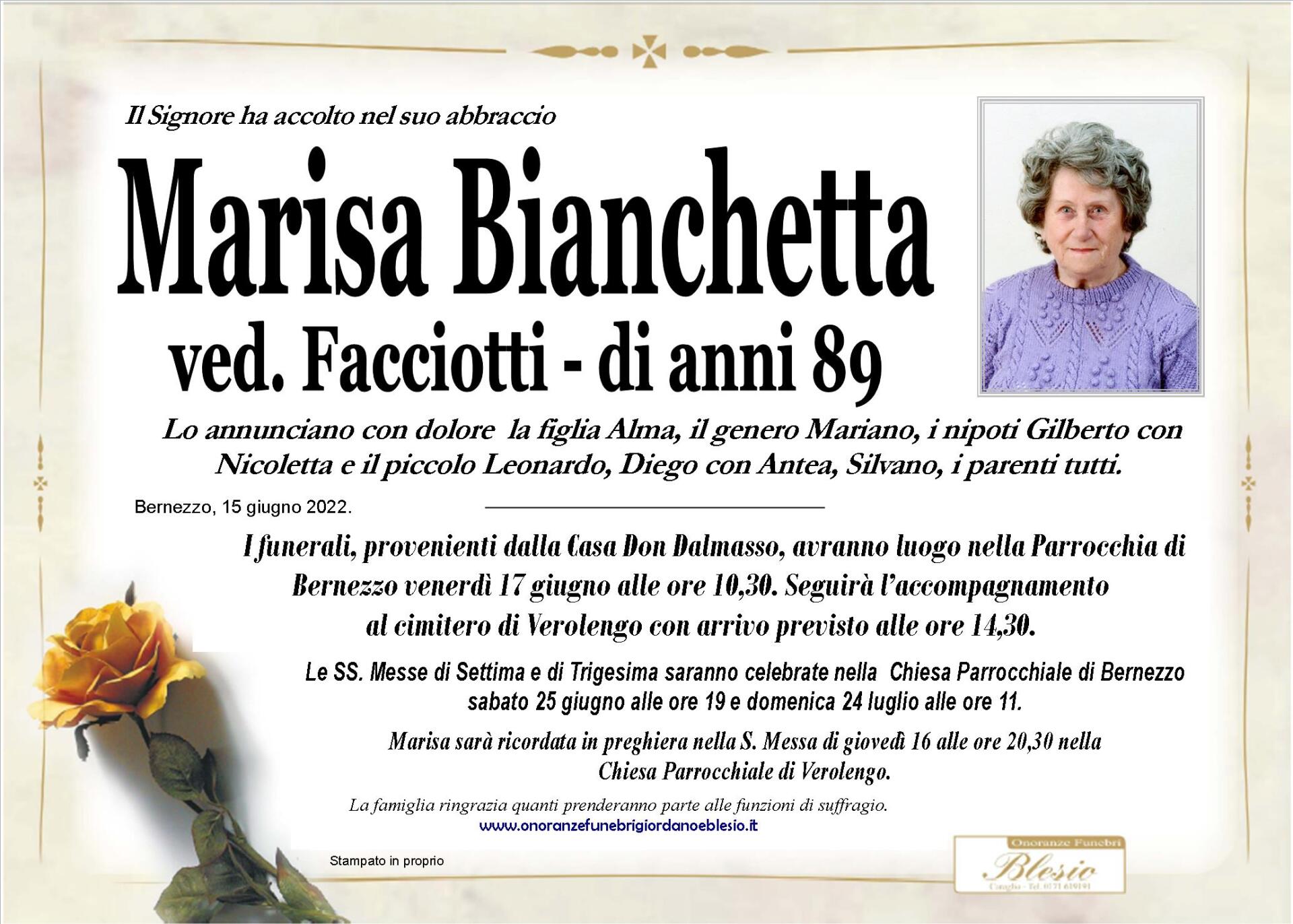 necrologio BIANCHETTI Marisa ved. Facciotti