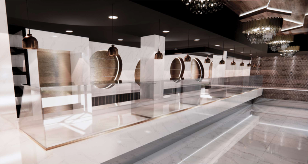 Un intérieur de restaurant moderne avec des sols en marbre blanc, un long bar et des lumières sphériques suspendues.