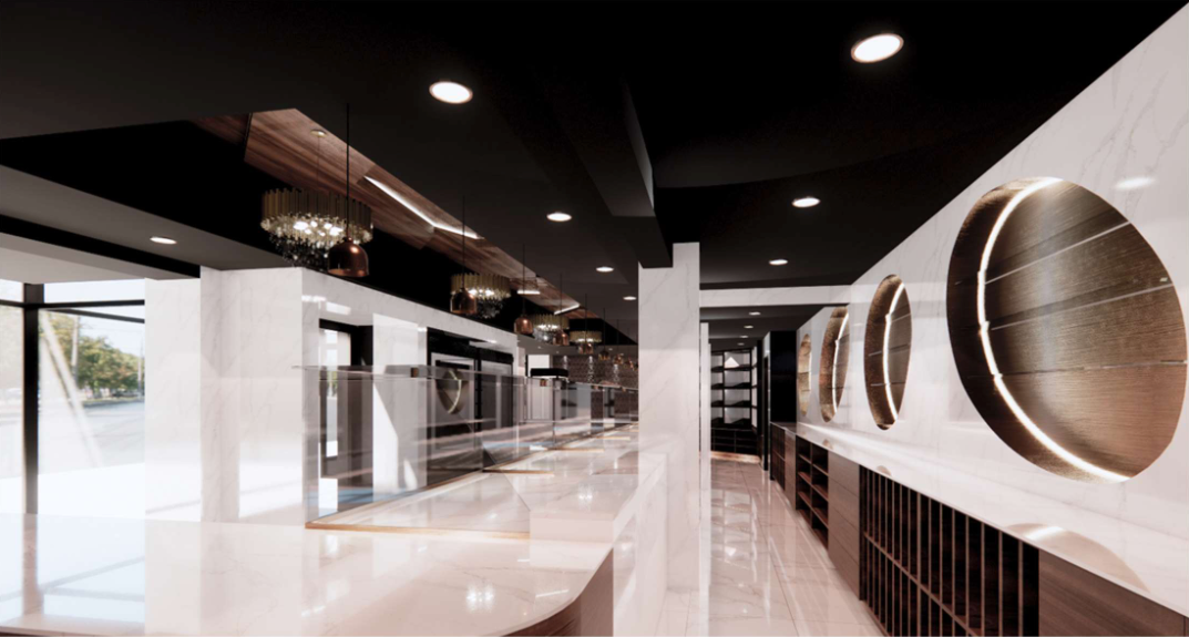 Intérieur d'une laverie au design moderne, comprenant des laveuses, des sécheuses et des éléments décoratifs circulaires.