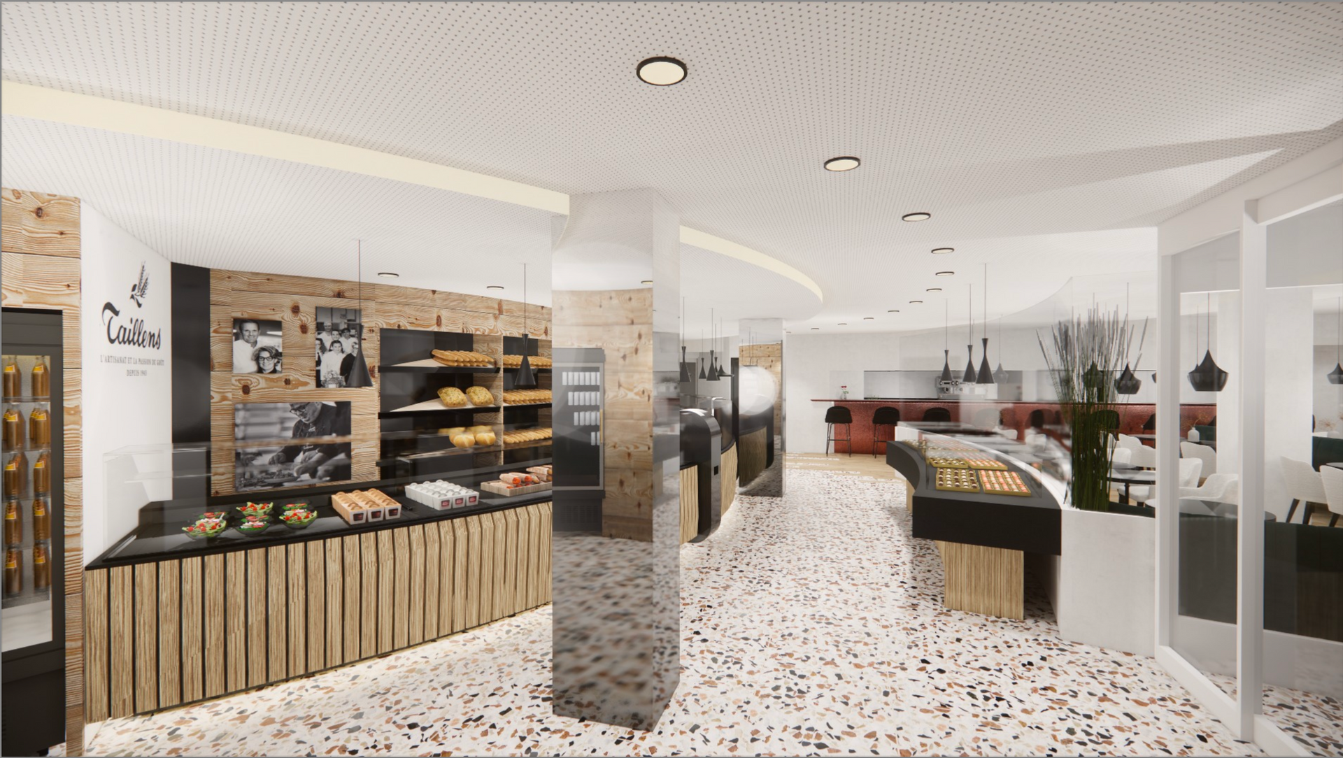 Intérieur d'une boulangerie avec vitrines, produits de boulangerie et clients.