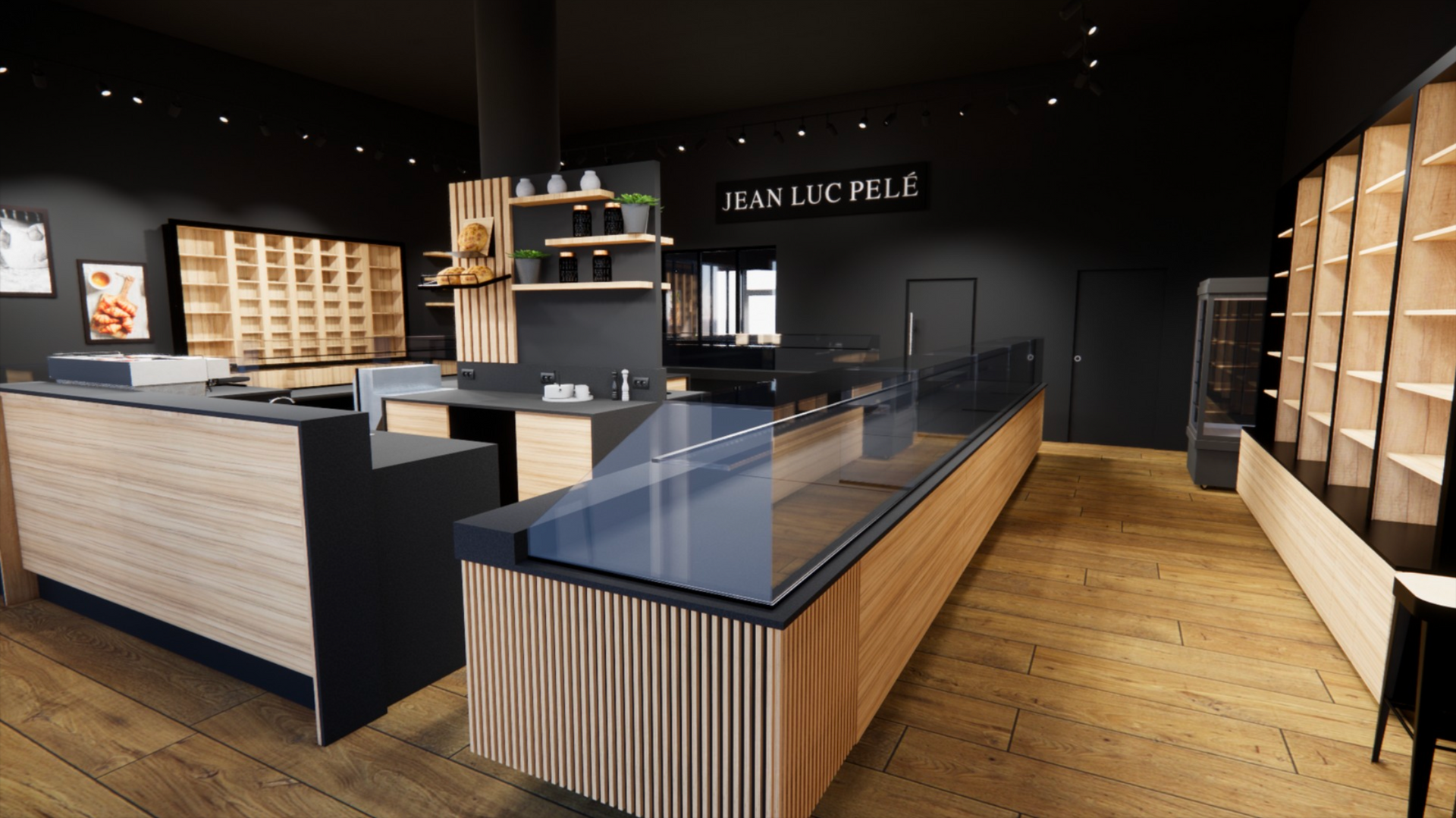 Intérieur d'une boulangerie avec des étagères en bois, des murs noirs et une vitrine en verre.