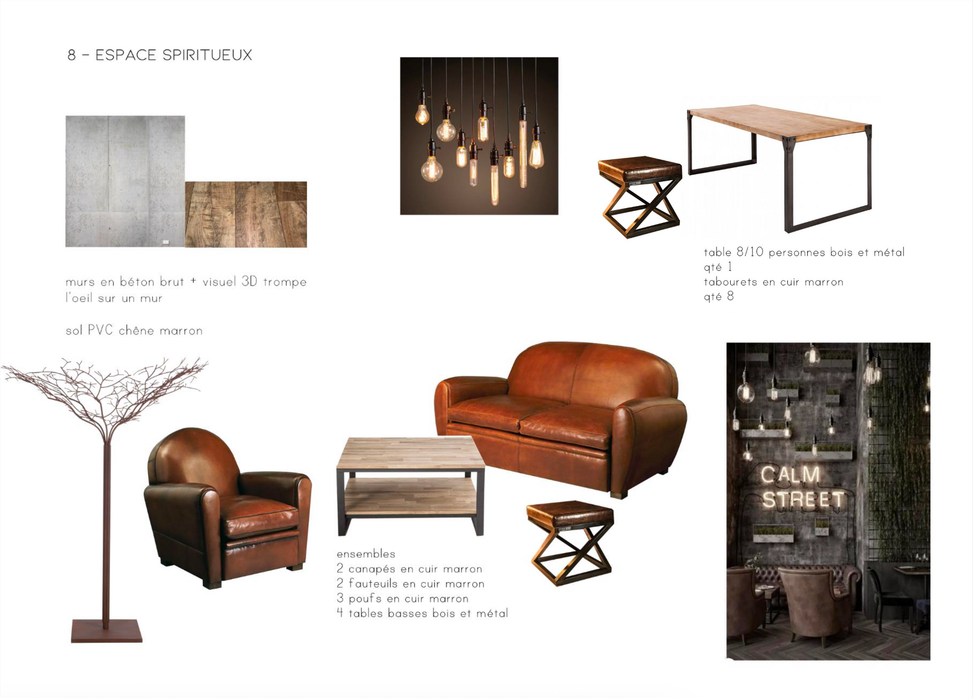 Mood board avec mobilier rustique : canapé en cuir, table en bois, luminaire industriel et mur texturé.