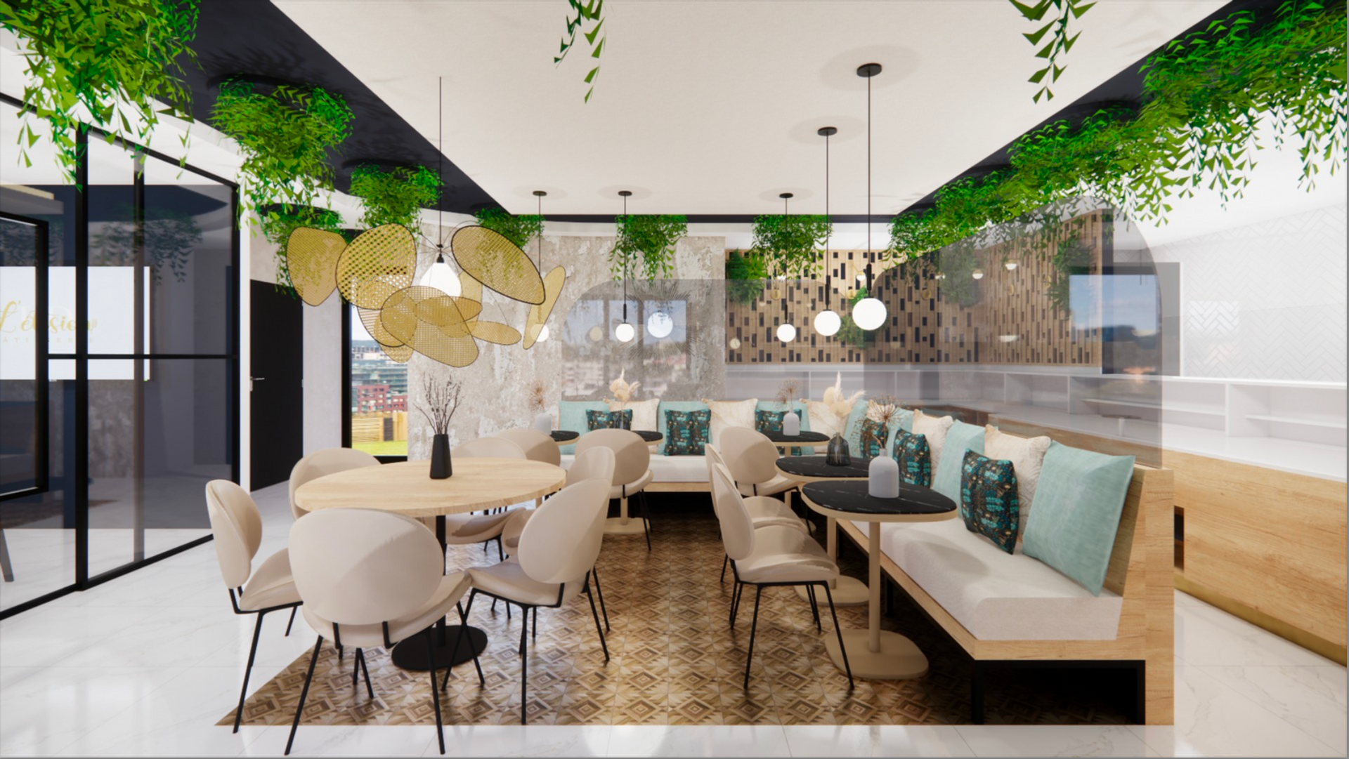 Intérieur de restaurant avec tables rondes, banc intégré, verdure et parois vitrées. Lumineux et aéré.