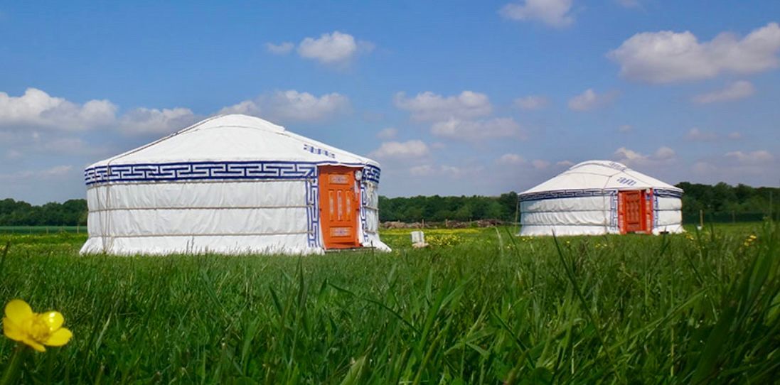 Deux yourtes dans un champ d'herbe verte, avec un ciel bleu et des nuages en arrière-plan.