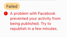 Un problema con Facebook impidió que se publicara tu actividad. Intenta volver a publicar en unos minutos