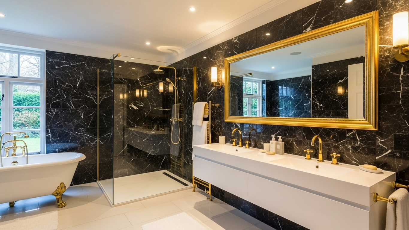 Luxurious bathroom with black marble walls, gold fixtures, and a white vanity.