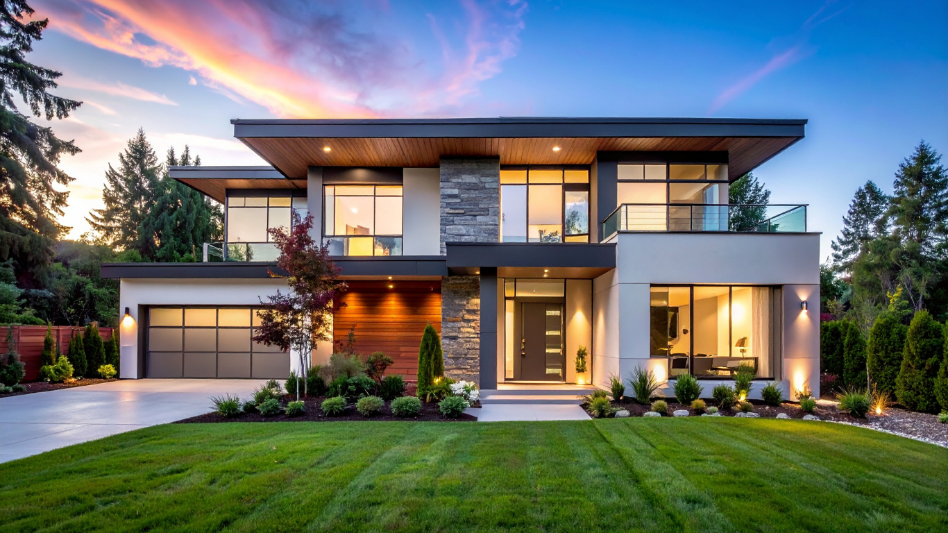 Modern two-story house with large windows, stone accents, and a manicured lawn under a colorful sunset.