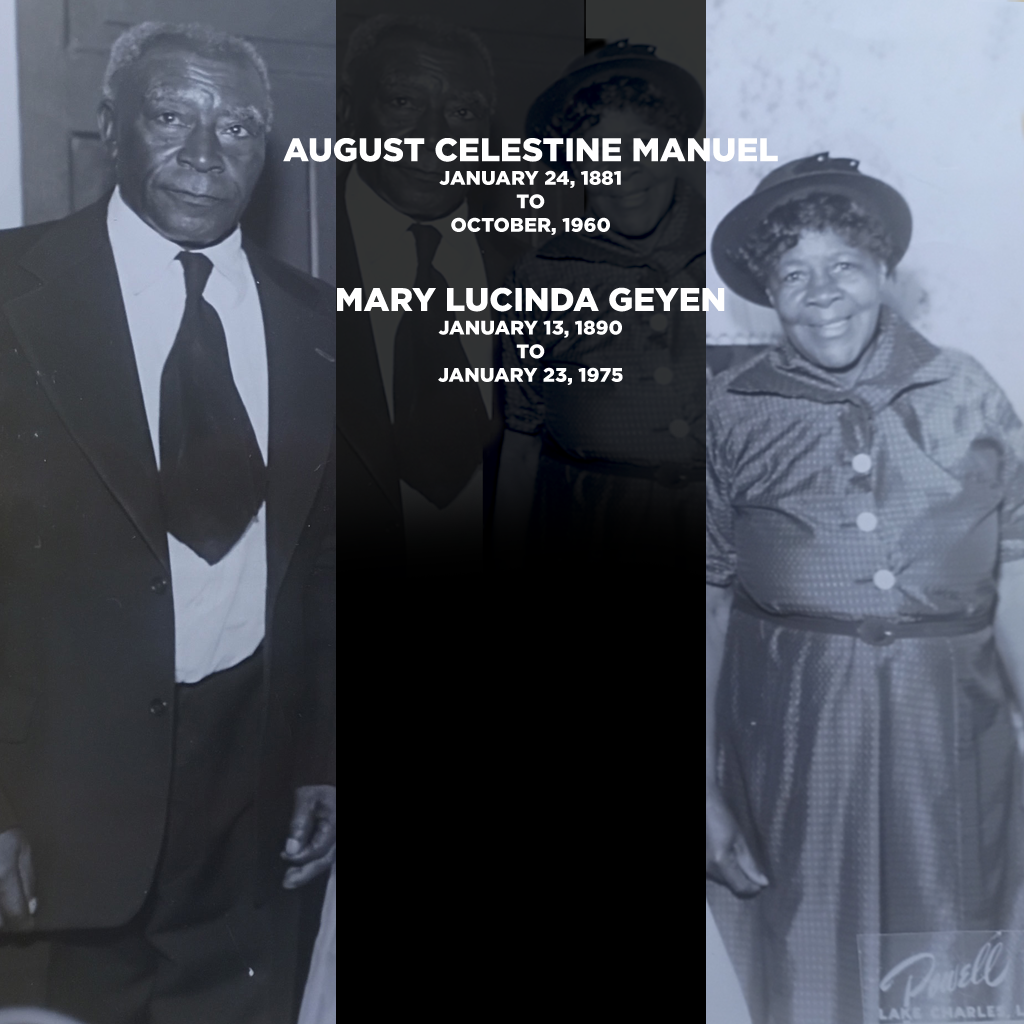 Composite of portraits: August C. Manuel, Mary L. Geyen, with dates of birth and death.