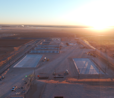 An aerial view of a construction site in the desert