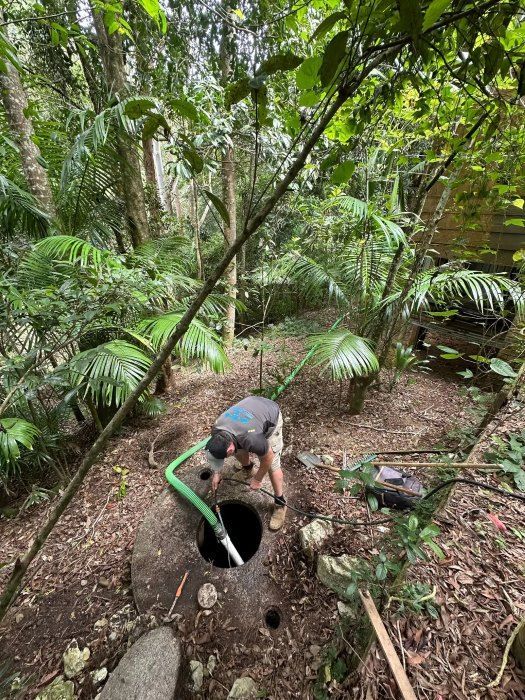A Man Is Working On A Septic Tank In The Woods — Tweed Valley Septics & Liquid Waste Management in Tyalgum, NSW