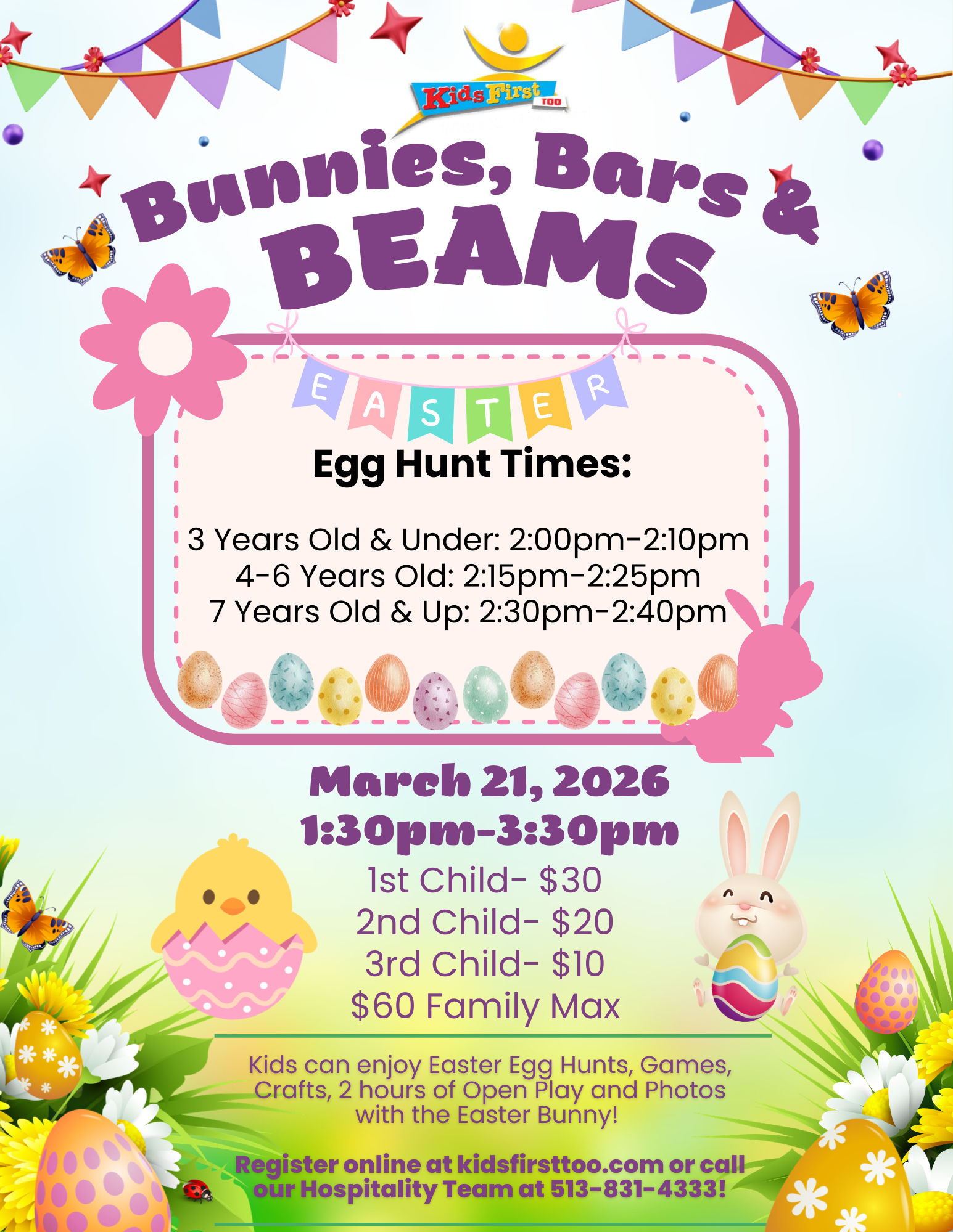 A poster for a bunnies , bars and beams event.