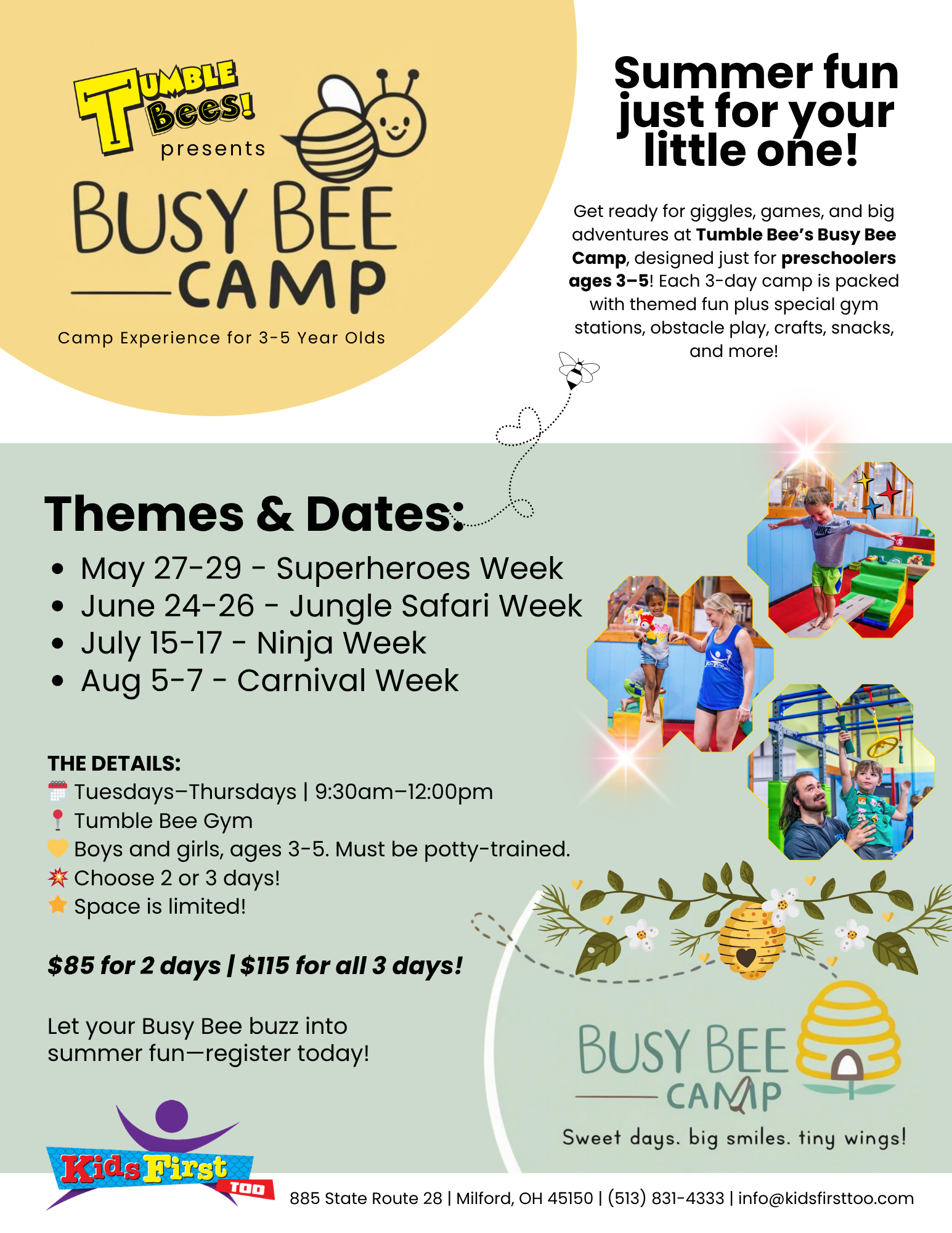 A poster for a Busy Bee Camp for preschoolers
