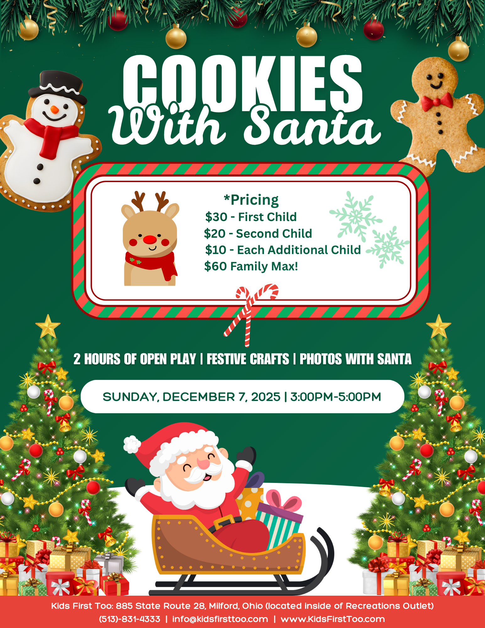 Cookies with Santa event flyer. Includes pricing, date, and activities. Green background with Christmas imagery.