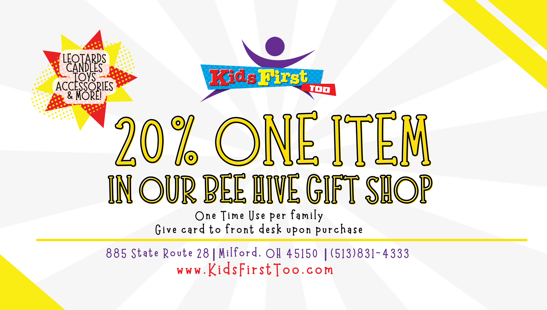 Show this card for a one-time 20% off single item!