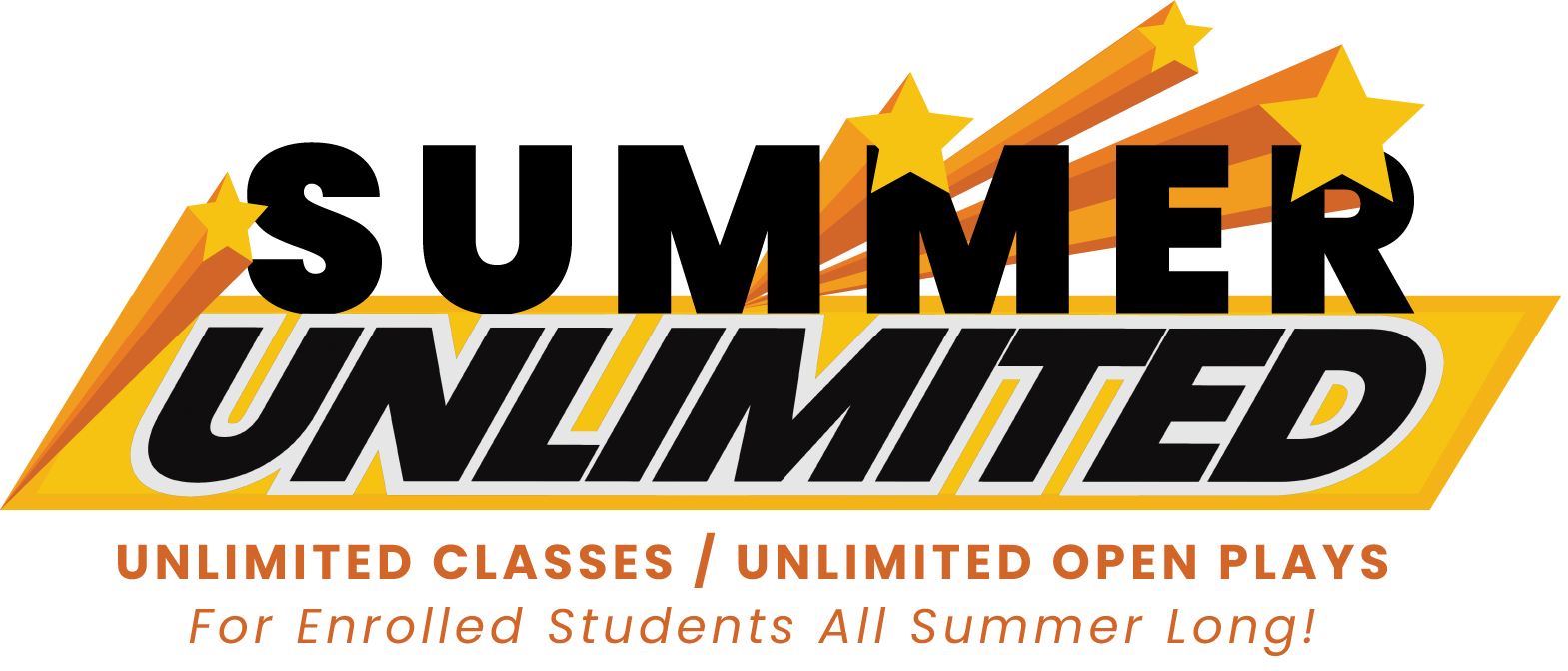 A logo for summer unlimited unlimited classes / unlimited open plays for enrolled students all summer long !