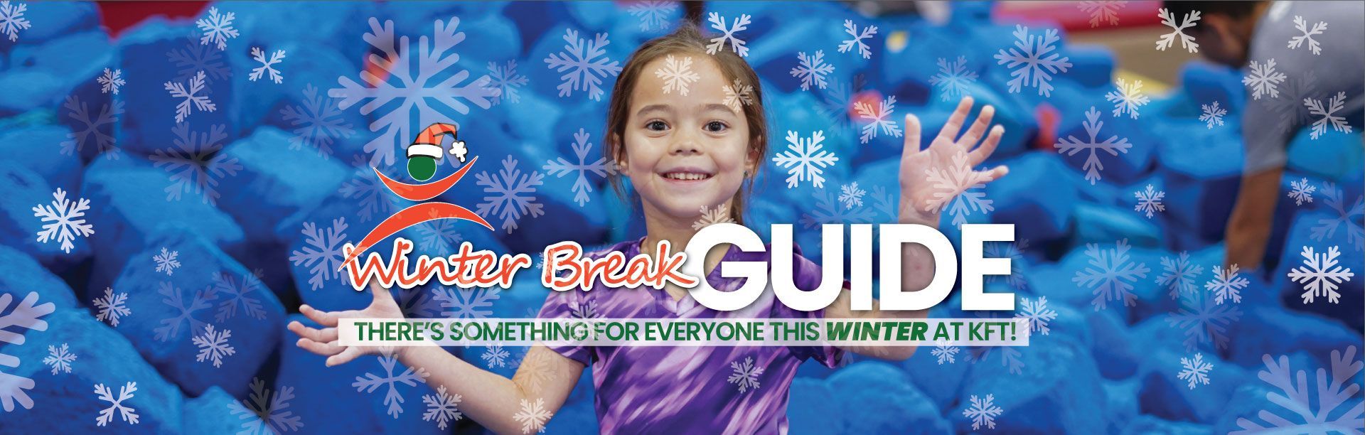 Girl smiling in a blue pit with the words "Winter Beach Guide". Snowflakes are shown.