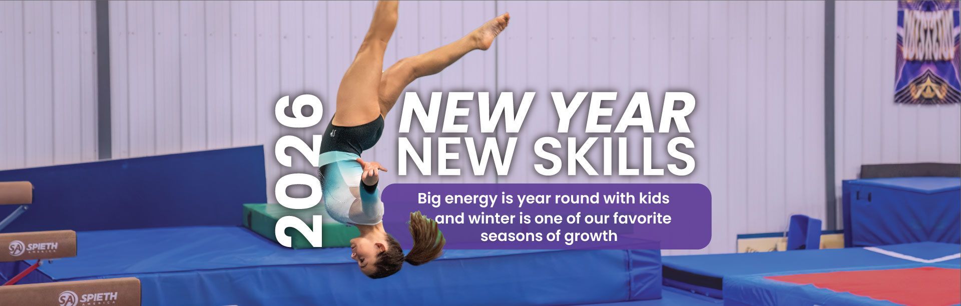 Gymnast in a headstand; "New Year, New Skills" graphic with 2026.