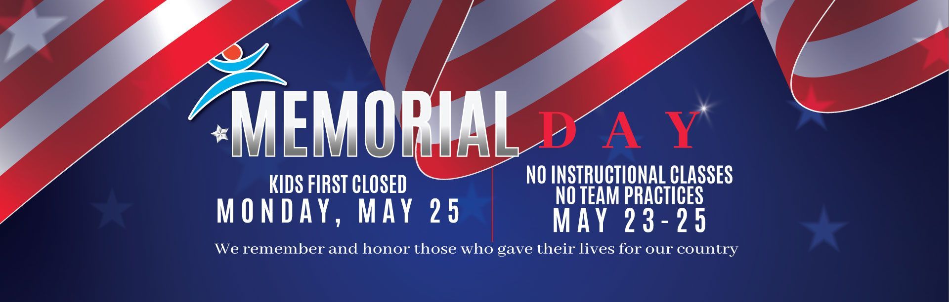 Memorial Day event flyer with American flag background, stars, and text for ceremonies on May 25 and 26