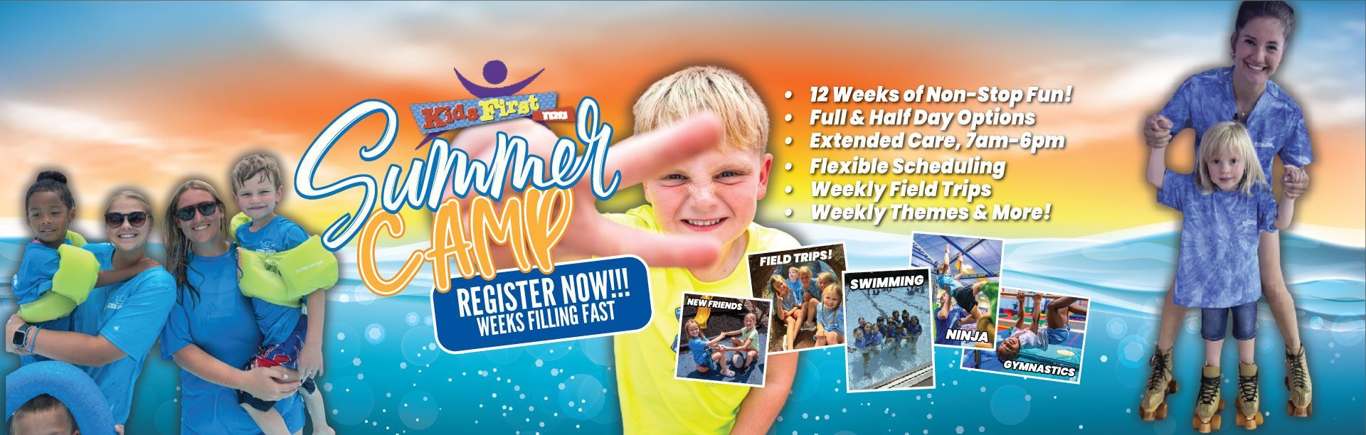 Banner for summer camp with kids and adults in blue clothing. Register NOW.